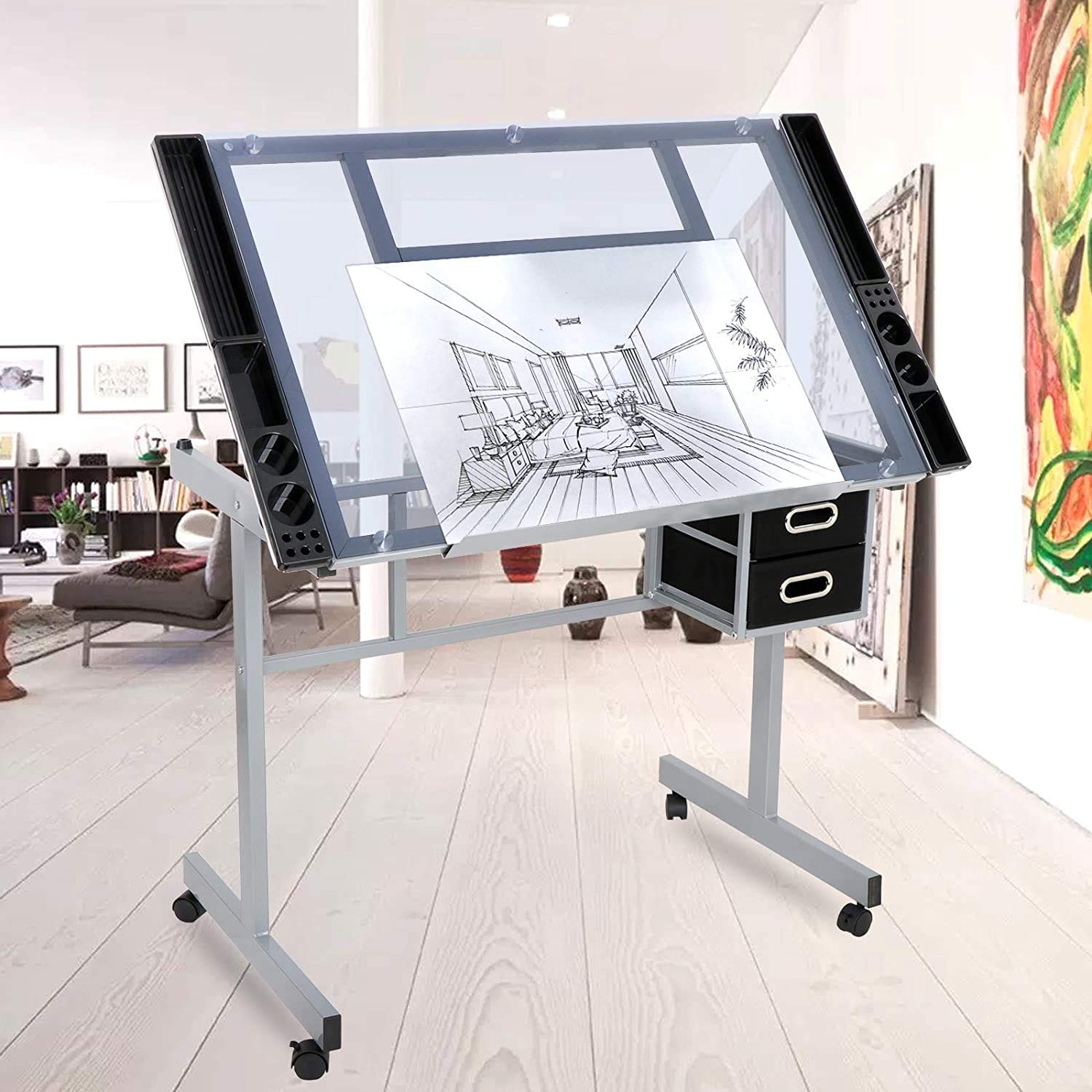 Adjustable Drafting Table with Tempered Glass Top - Folding Drawing Desk for Artists & Crafters, 2 Slide-Out Storage Drawers & Wheels - Perfect for Home Studio, Office & Classroom Workspaces