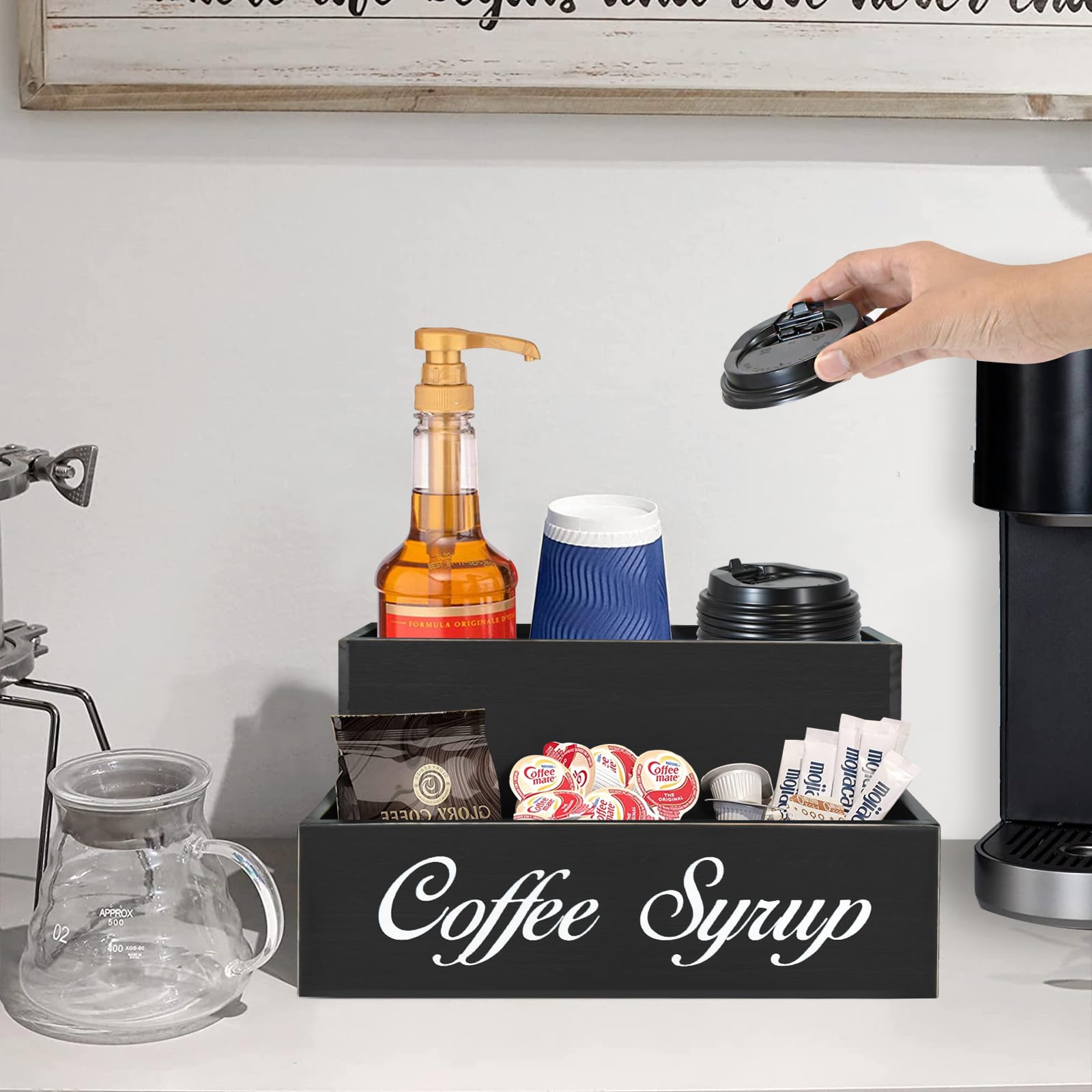 2-Tier Wooden Coffee Bar Organizer with 6 Syrup Bottles - Countertop Coffee Station Accessories for Espresso, Latte & Cappuccino - Farmhouse-Style Condiment Rack for Coffee Lovers (Perfect for Home Kitchens & Coffee Shops)