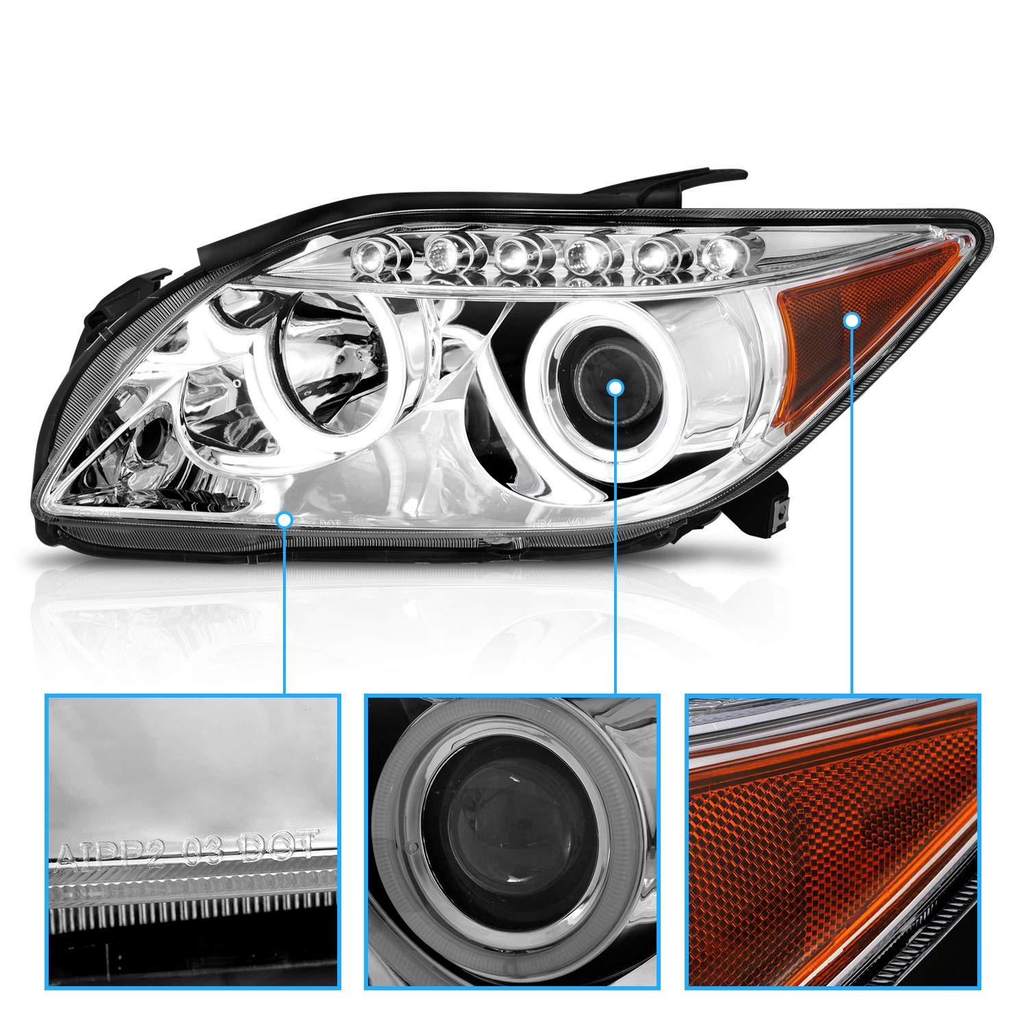 AmeriLite Chrome Ultra Bright LED Halo Projector Headlights for Scion Tc - Pair (Driver & Passenger Side) | High Visibility Night Driving & Custom Car Styling