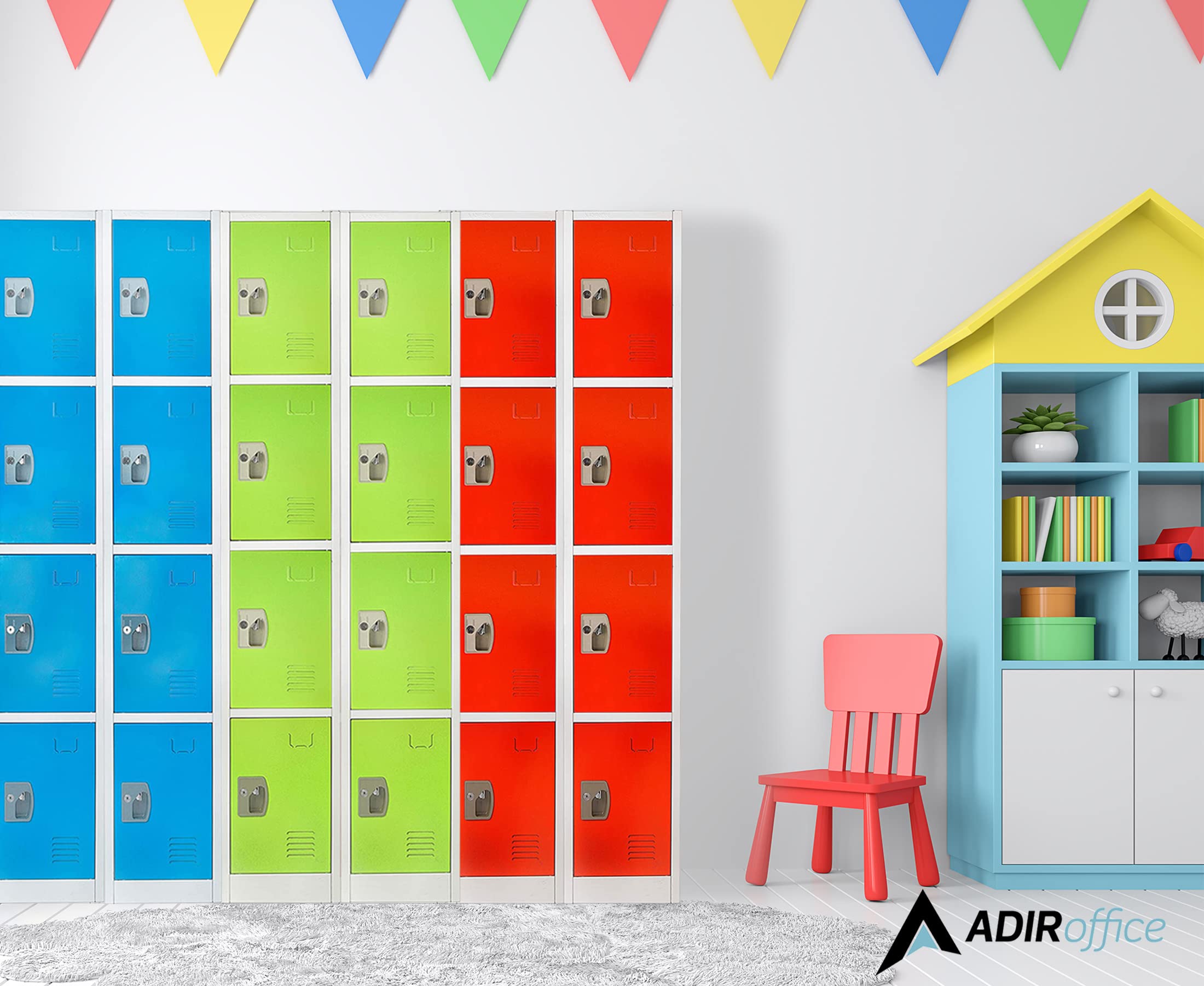 AdirOffice 4-Door Large School Locker with Hooks - Heavy Duty Metal Storage Cabinet for Garage, Office & Classroom Organization (Blue) - Perfect for Storing Sports Gear, Tools & School Supplies