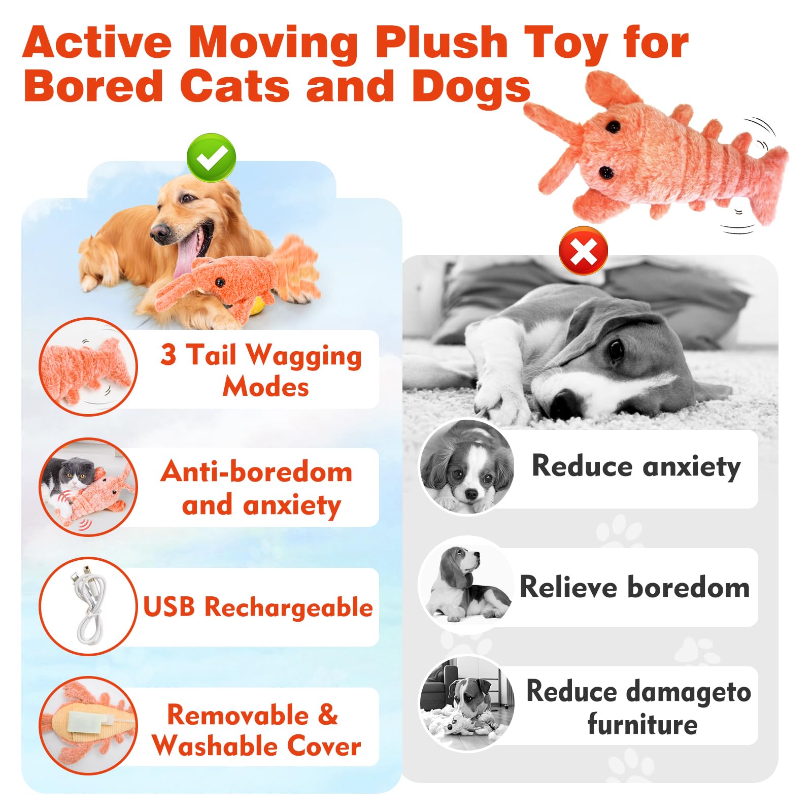 Floppy Lobster Interactive Dog Toy - Motion Activated Self-Moving Pet Toy for Boredom Relief, Chew-Resistant Washable Stuffed Animal for Dogs & Cats (Orange) - Perfect for Indoor Play, Training, and Anxiety Relief