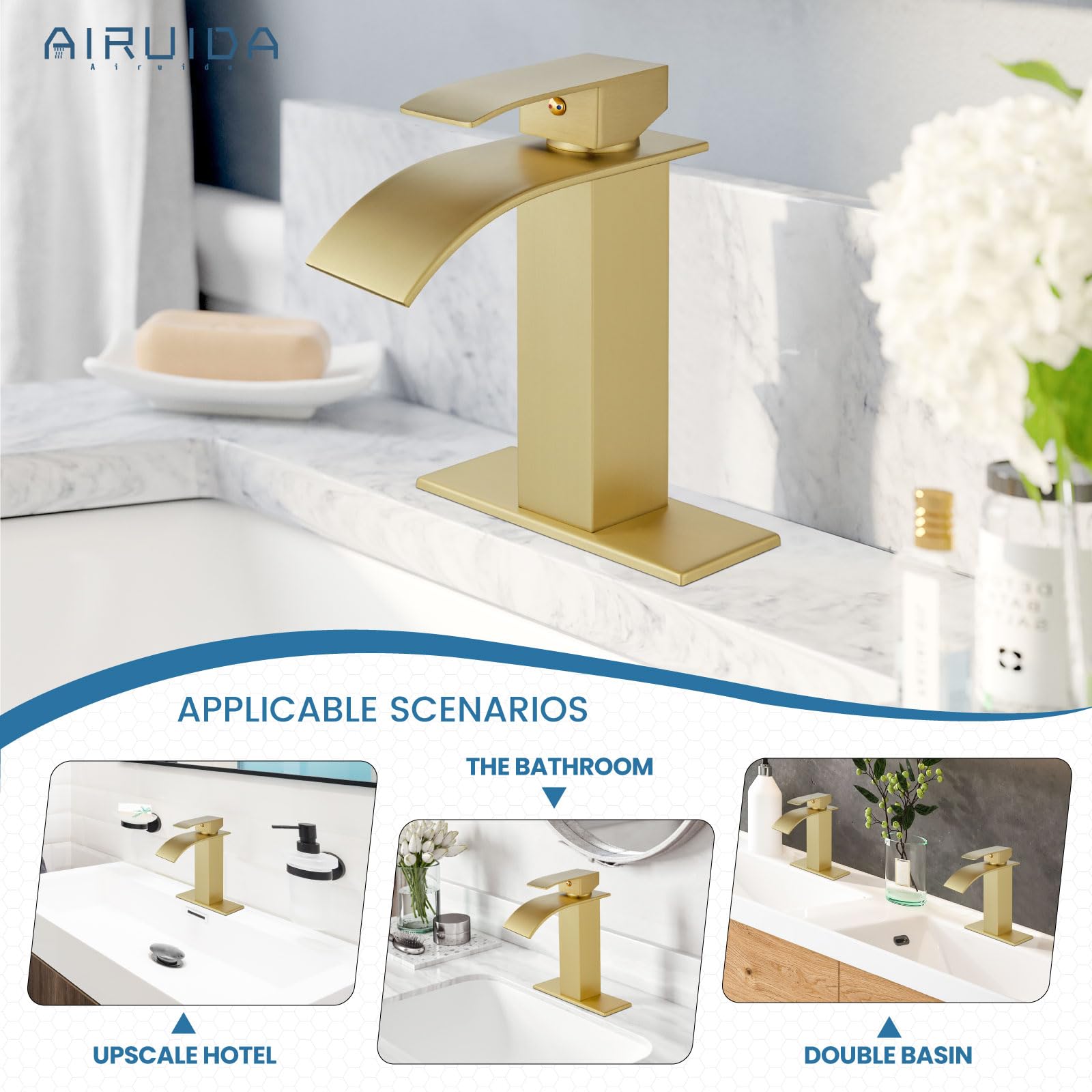 Brushed Gold Waterfall Bathroom Faucet - Single Handle Sink Tap for Vanity & RV Use