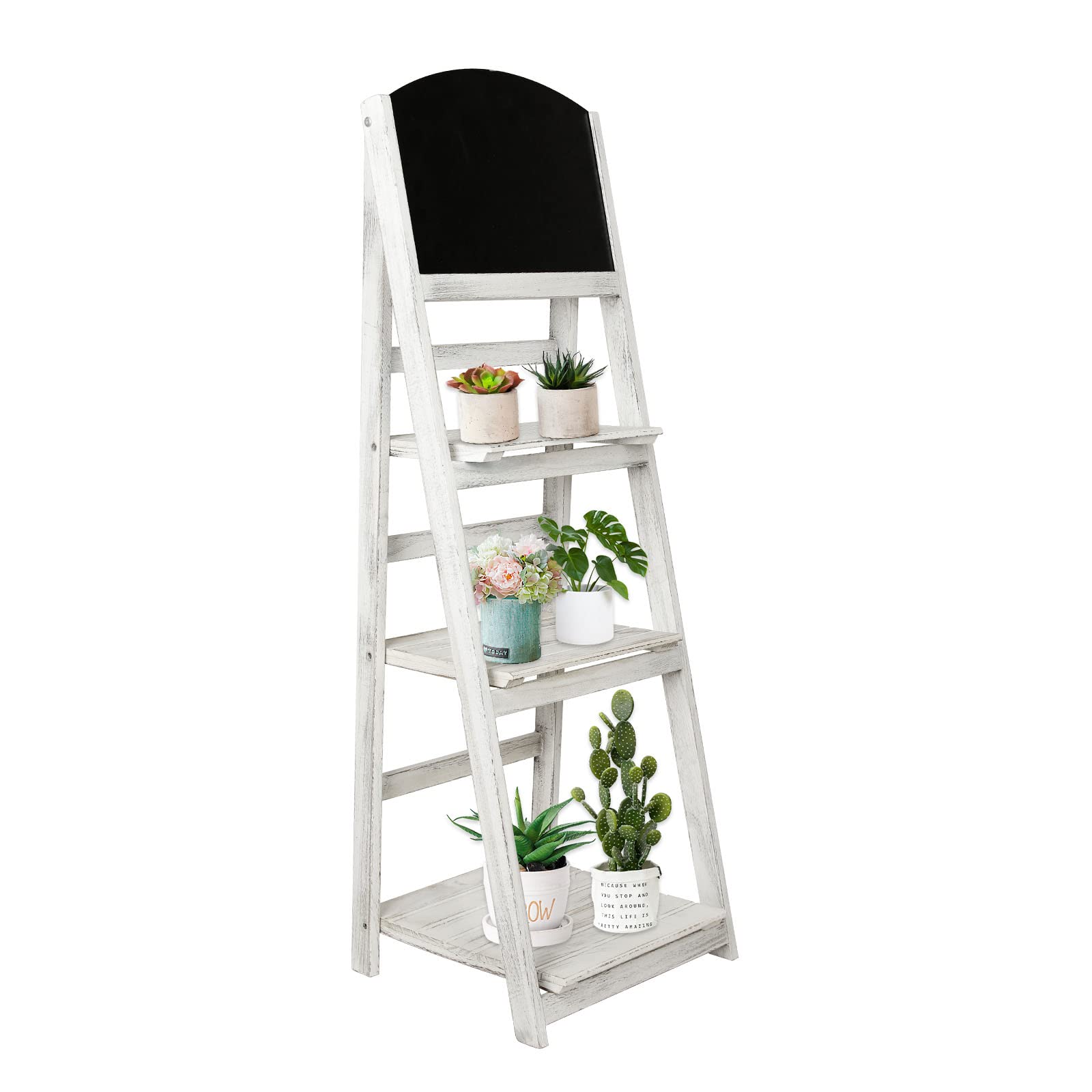 NO MORE TAG 3-Tier Folding Ladder Shelf - White Collapsible Wooden Display Rack for Plants, Books & Decor | Space-Saving Storage Solution for Living Room, Bedroom, Home Office & Kitchen | No Assembly Required | Perfect for Small Spaces & Home Organization