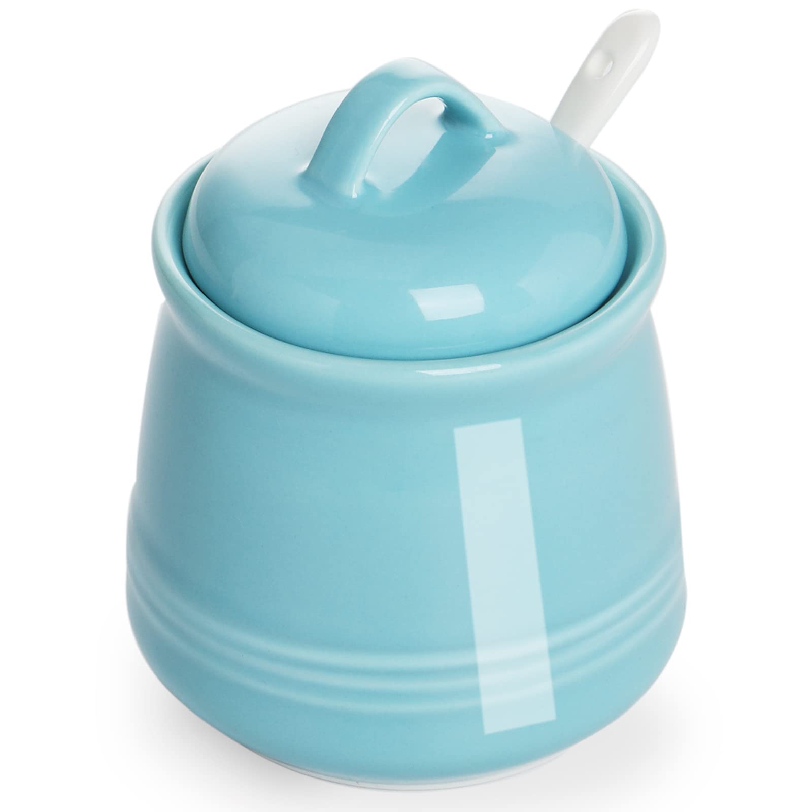 HAOTOP 12oz Porcelain Sugar Bowl with Lid & Spoon - Ceramic Salt & Spice Container for Kitchen, Dining & Coffee Tea Station - Elegant Blue Home Decor