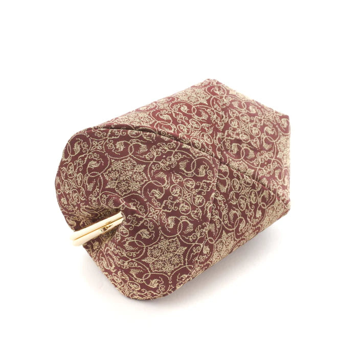 Handmade Kyoto Nishijin Silk Small Pouch - Grapevine Brown Japanese Gamaguchi Bag | Cosmetic & Makeup Organizer | Travel Toiletry & Stationery Pouch | Bag-in-Bag Organizer for Women's Purse, Gift Idea for Her