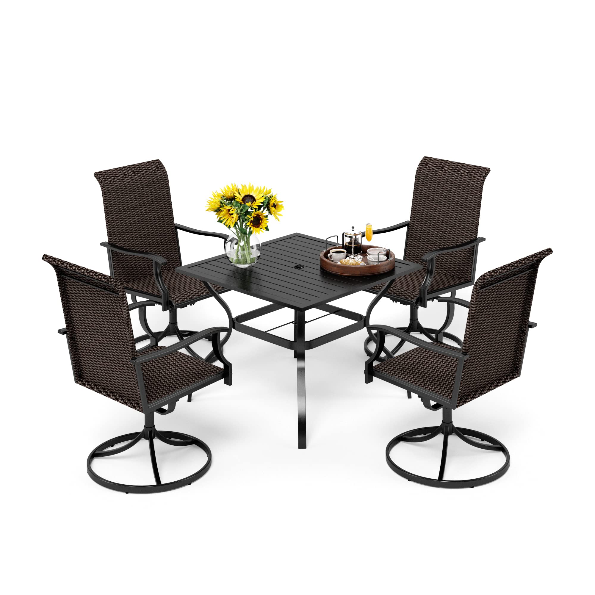PHI VILLA 5-Piece Outdoor Patio Dining Set - Square Metal Table with 4 Swivel Rattan Chairs & Umbrella Hole - Wicker Furniture for Backyard, Garden, Poolside & Terrace Dining