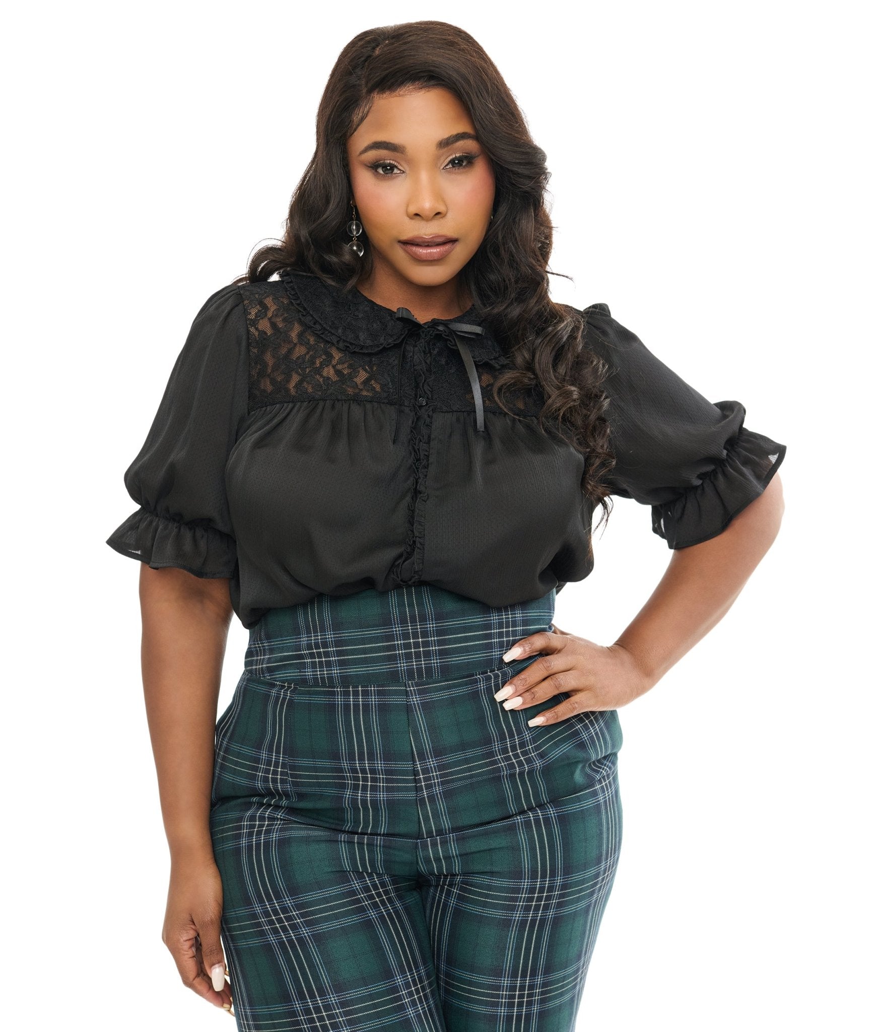 Smak Parlour Plus Size 1960s Vintage Black Lace Puff Sleeve Blouse for Women | Retro Office Wear & Evening Party Outfit