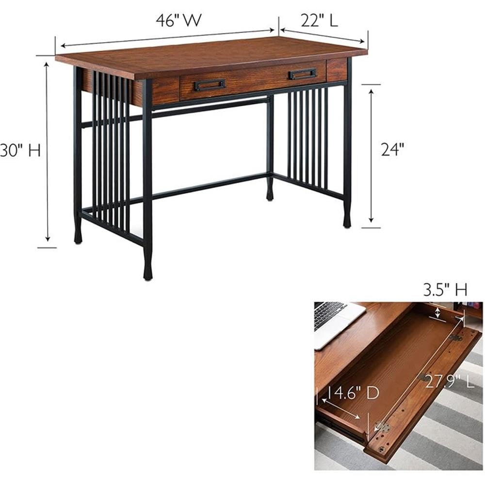 BOWERY HILL Ironcraft Mission Oak Computer Desk - Home Office Workstation for Study, Gaming & Remote Work