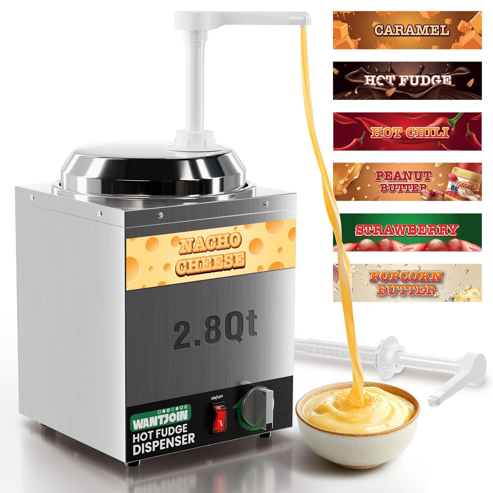 Commercial Nacho Cheese Dispenser with Pump - 2.8Qt Stainless Steel Hot Fudge Warmer with 5-Level Temperature Control - Perfect for Nachos, Hot Fudge, Caramel & Cheese Sauce in Movie Theaters, Restaurants & Concession Stands