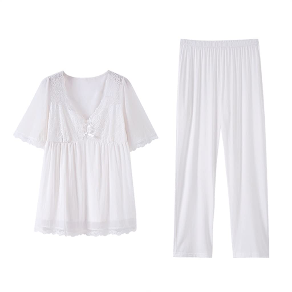 Women's Summer Pajama Set - Modal Cotton Silk Short Sleeve Top & Pants - Breathable Thin Ice Silk Sleepwear for Home & Lounge - White XXXL - Perfect for Relaxing, Sleeping, and Summer Comfort