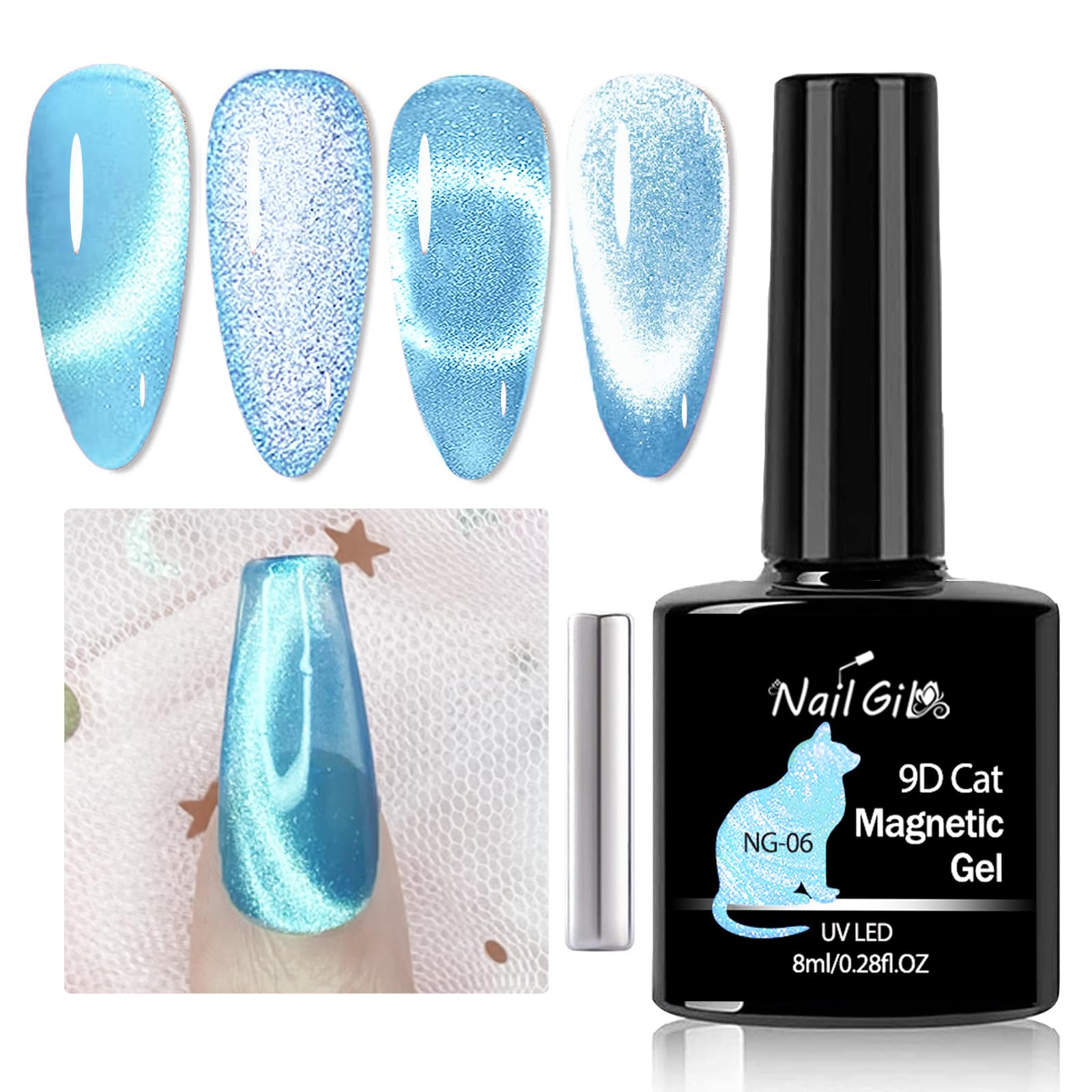 NAILGIL Magnetic Cat Eye Gel Nail Polish - Jelly Blue Galaxy Holographic Soak Off UV/LED Gel - Professional Salon Quality for DIY Nail Art at Home | Perfect for Manicures, Parties & Special Occasions