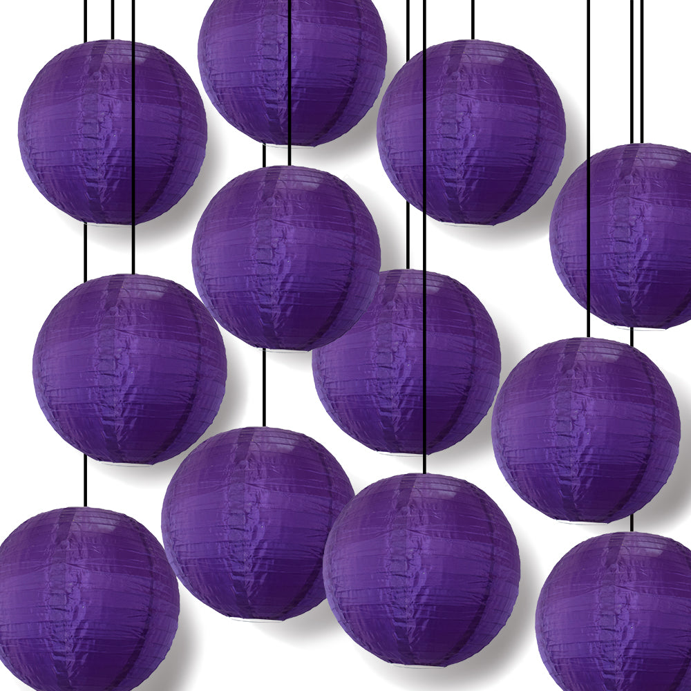 12 Pack Dark Purple Shimmering Nylon Lanterns - Even Ribbing, Durable Hanging Decorations for Weddings, Parties & Outdoor Events