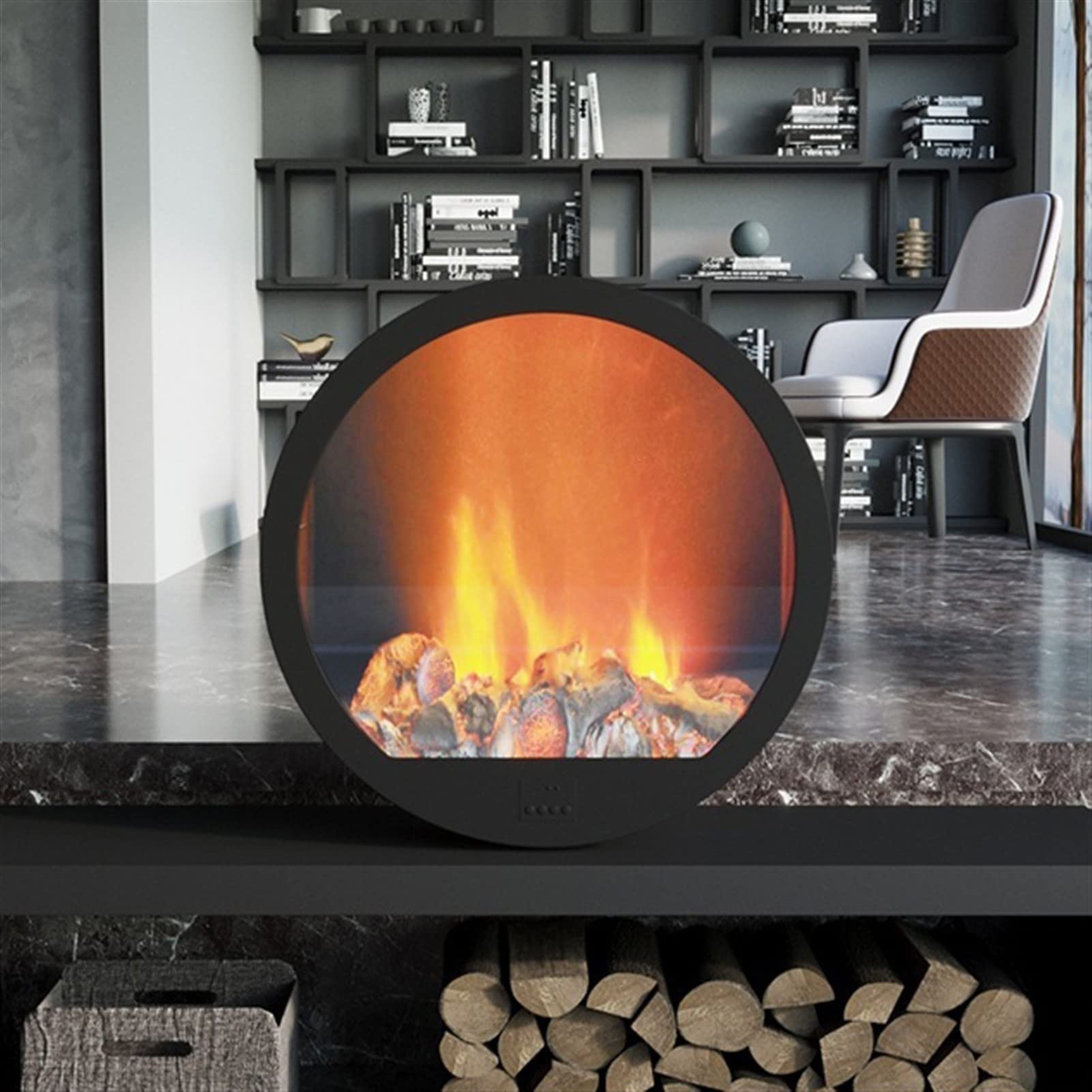 Realistic LED Flame Electric Fireplace - Round Steel Noiseless Decorative Fireplace with 3D Steam Effect (No Heat Function) - Perfect for Living Room, Bedroom & Office Ambiance