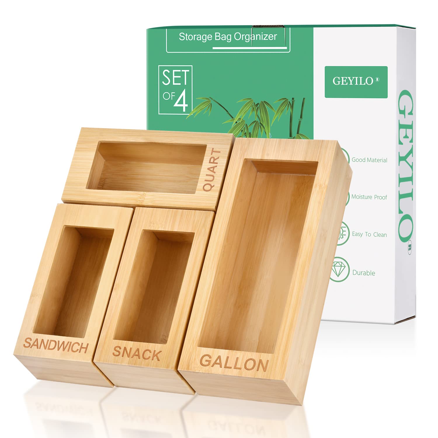 GEYILO Plastic Bag Organizer for Kitchen Drawer - 4 Compartment Storage Solution for Gallon, Quart, Sandwich & Snack Bags - Bamboo Drawer Organizer - Perfect for Kitchen Organization & Space Saving