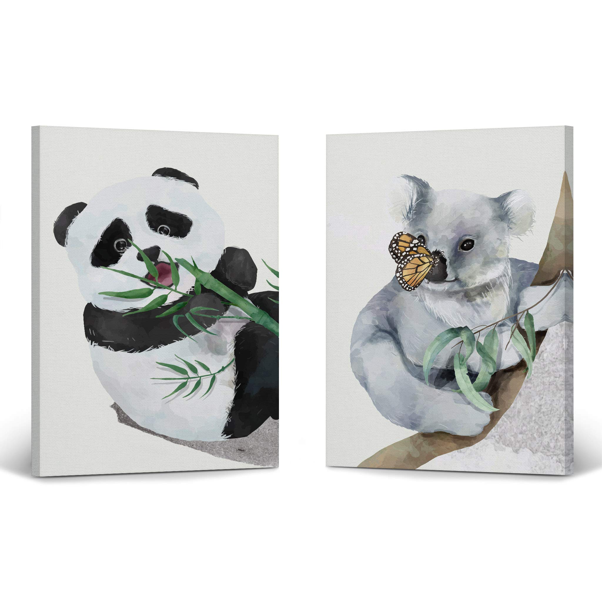 Cute Panda and Koala Watercolor Wall Art - 2 Panel Canvas Print Set for Kids Room, Nursery & Baby Room Decor | Ready to Hang | Made in USA (22x15 inches each) | Perfect for Playrooms, Bedrooms & Gift Giving