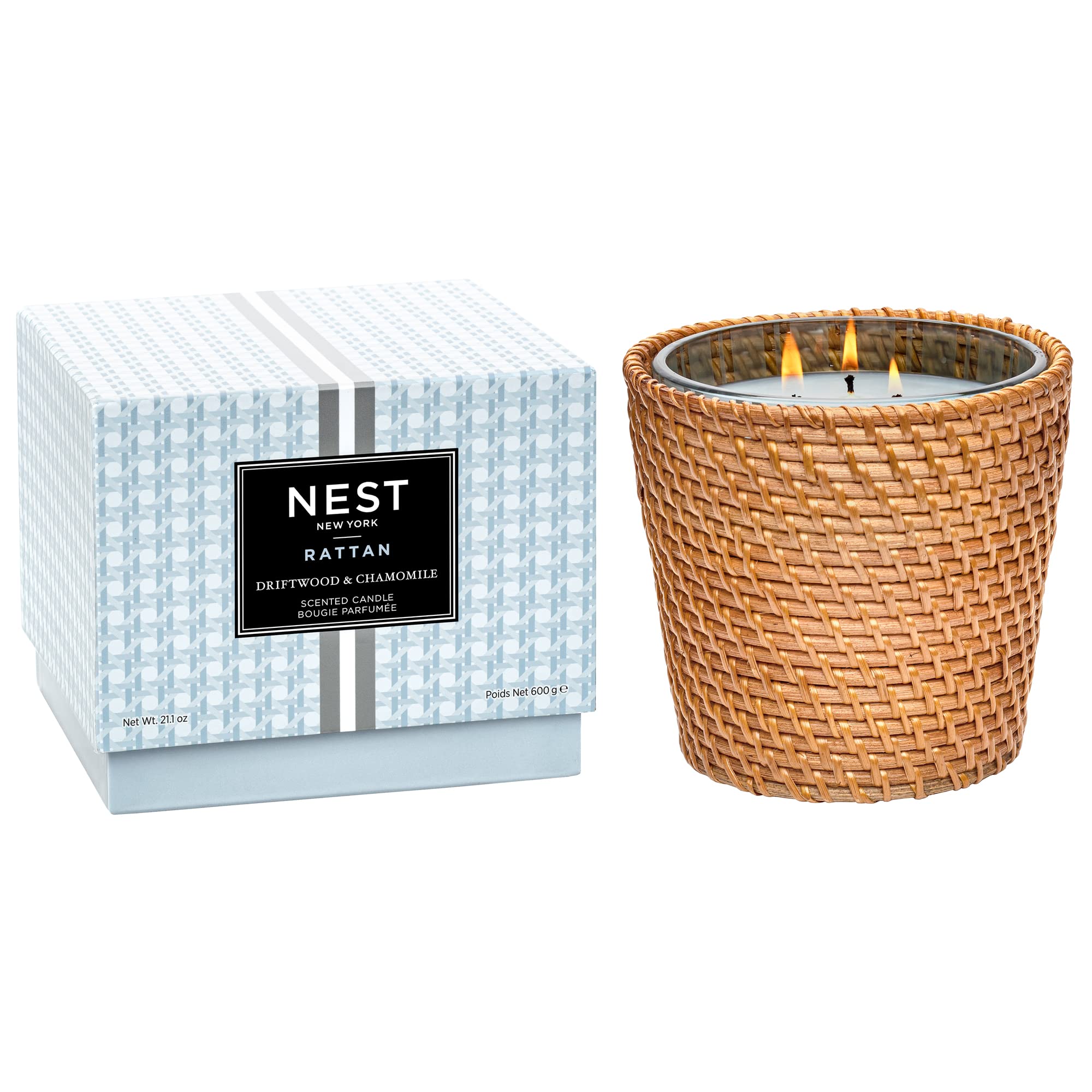 NEST Fragrances Driftwood & Chamomile Scented 3-Wick Candle - 21 Oz Long-Lasting Aromatherapy Candle with Rattan Sleeve for Home, Bedroom, Bathroom & Office Relaxation
