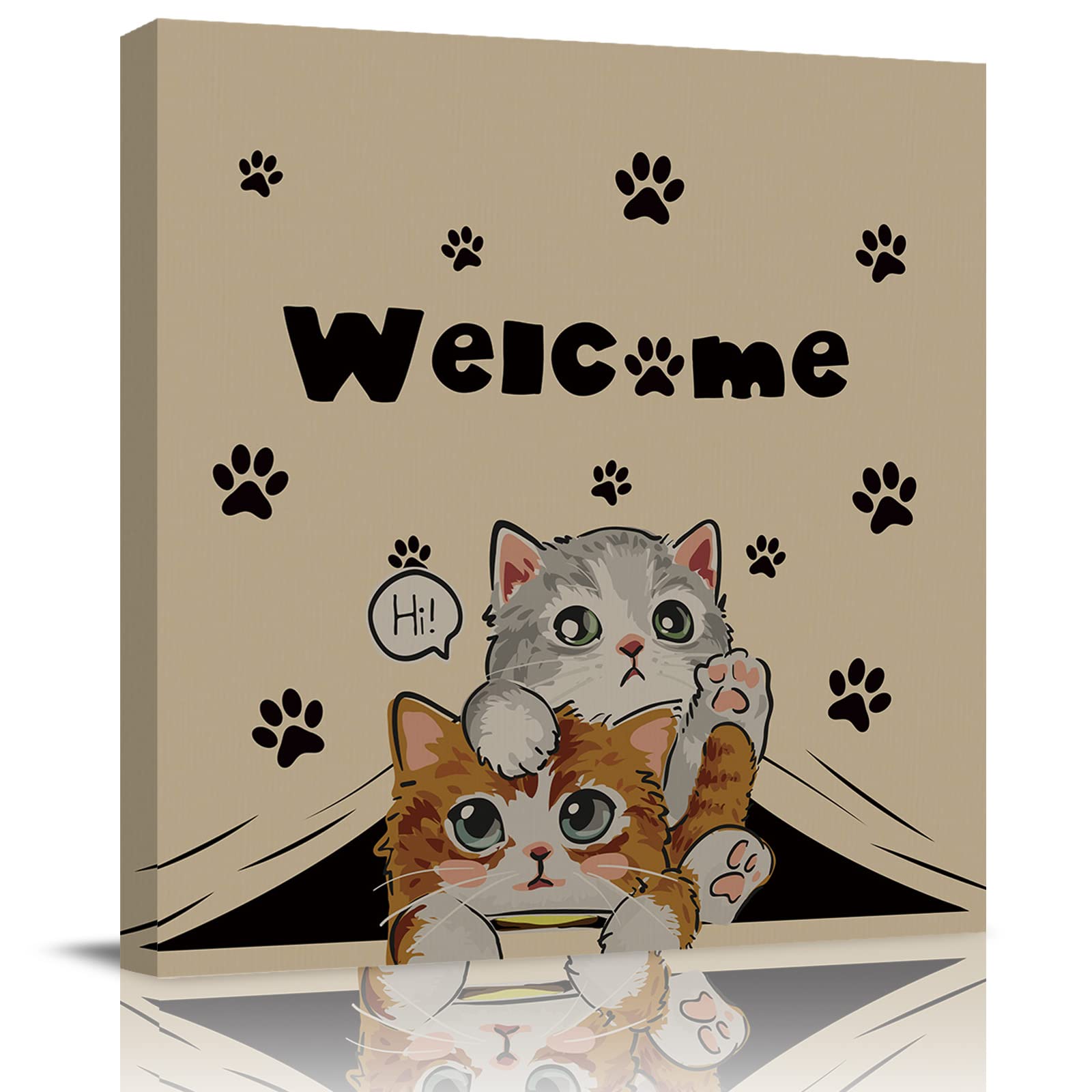 Chucoco Canvas Oil Painting - Cute Kitten Cat Paw Print with Welcome Text Wall Art, Stretched & Framed Ready to Hang - Perfect for Bathroom Decor, Living Room, Bedroom & Office | Lovely Animal Artwork Gift Idea