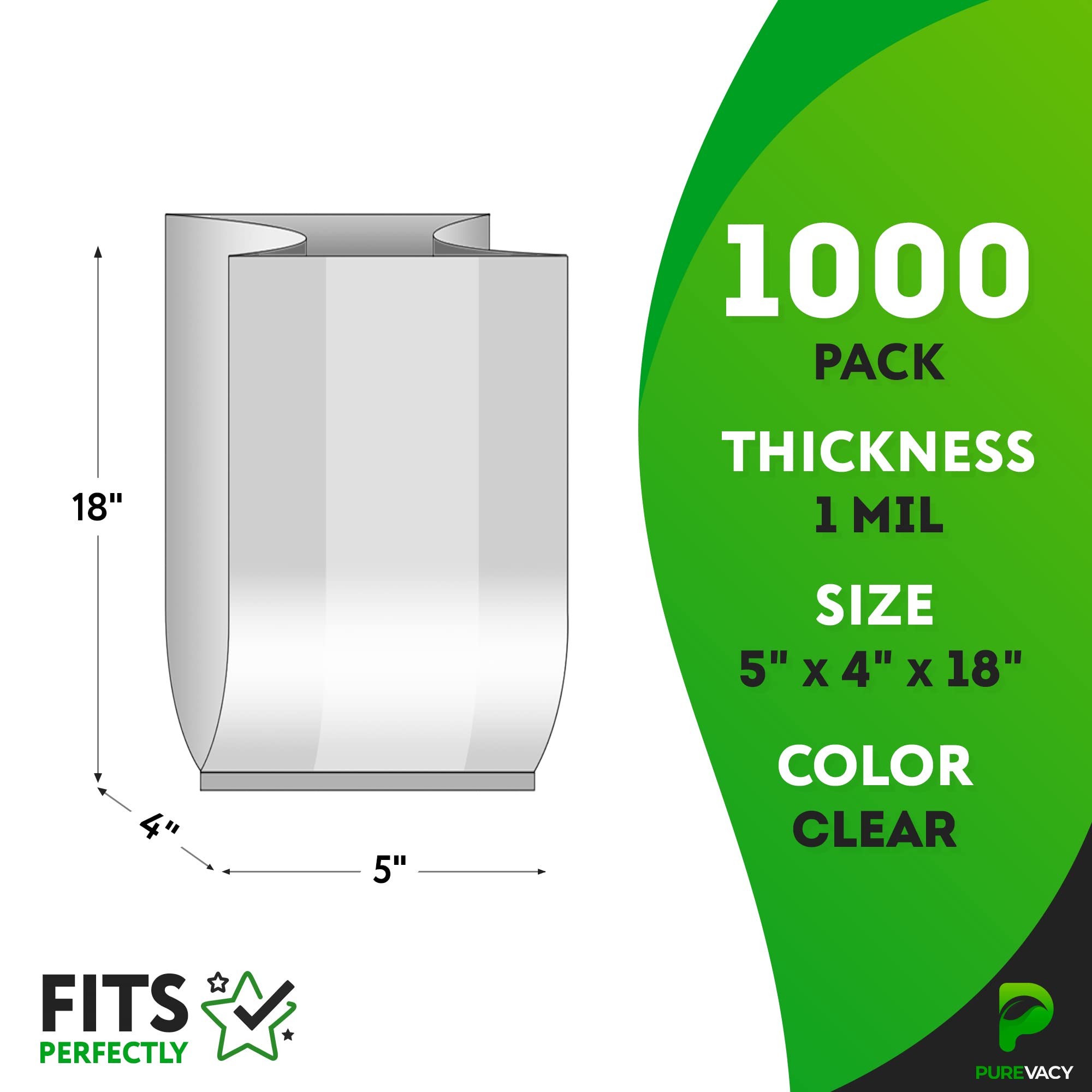 5 x 4 x 18 Inch Clear Gusseted Poly Bags - 1000 Pack 1 Mil Side Gusseted Plastic Bags | Leakproof Packaging Bags for Food Storage, Coffee Beans, Grains & Party Favors | Ideal for Retail, Wholesale & Home Use