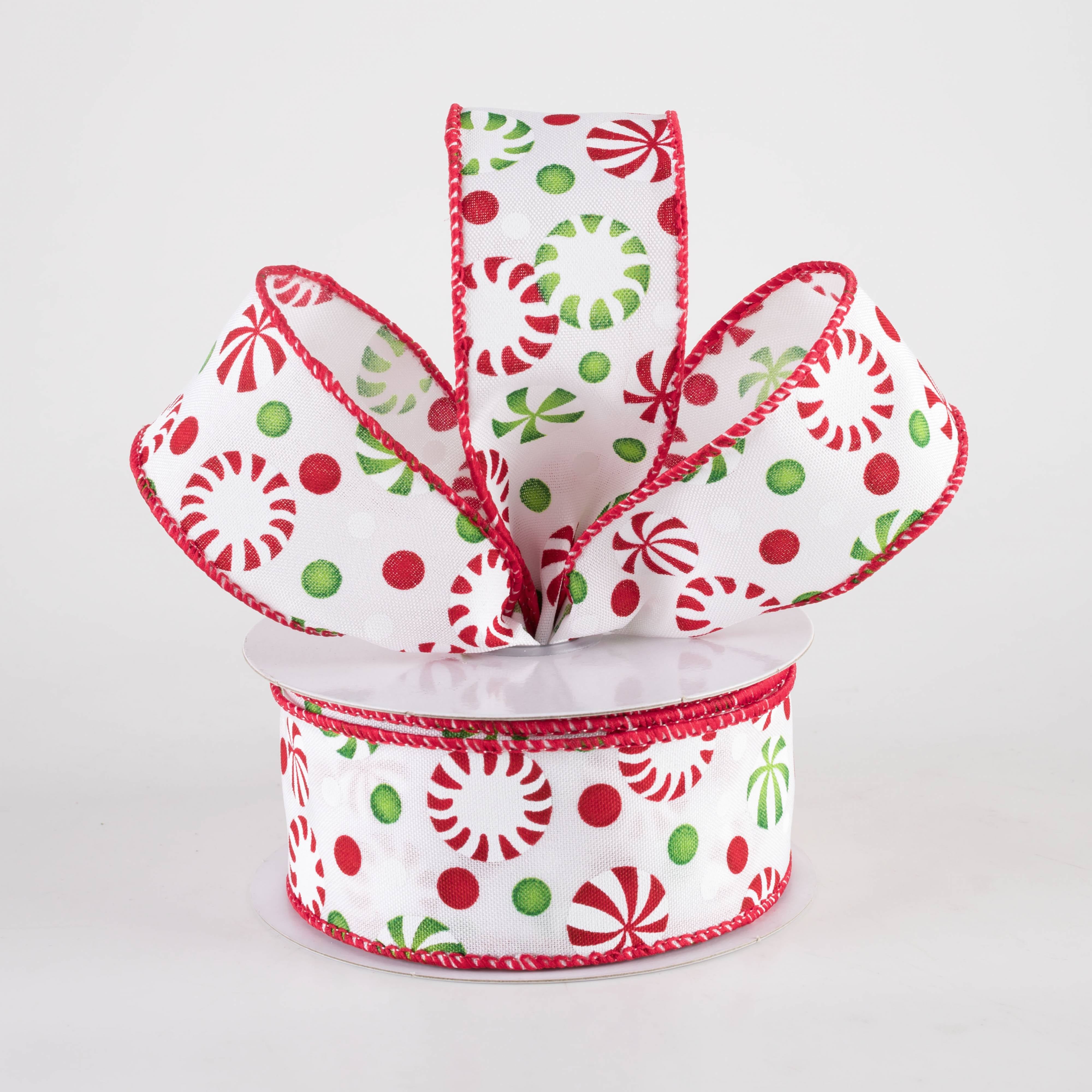 1.5 Inch Christmas Candy Peppermints Ribbon - Red, White & Green Striped Decorative Ribbon (10 Yards) for Gift Wrapping, Tree Decorations & Holiday Crafts