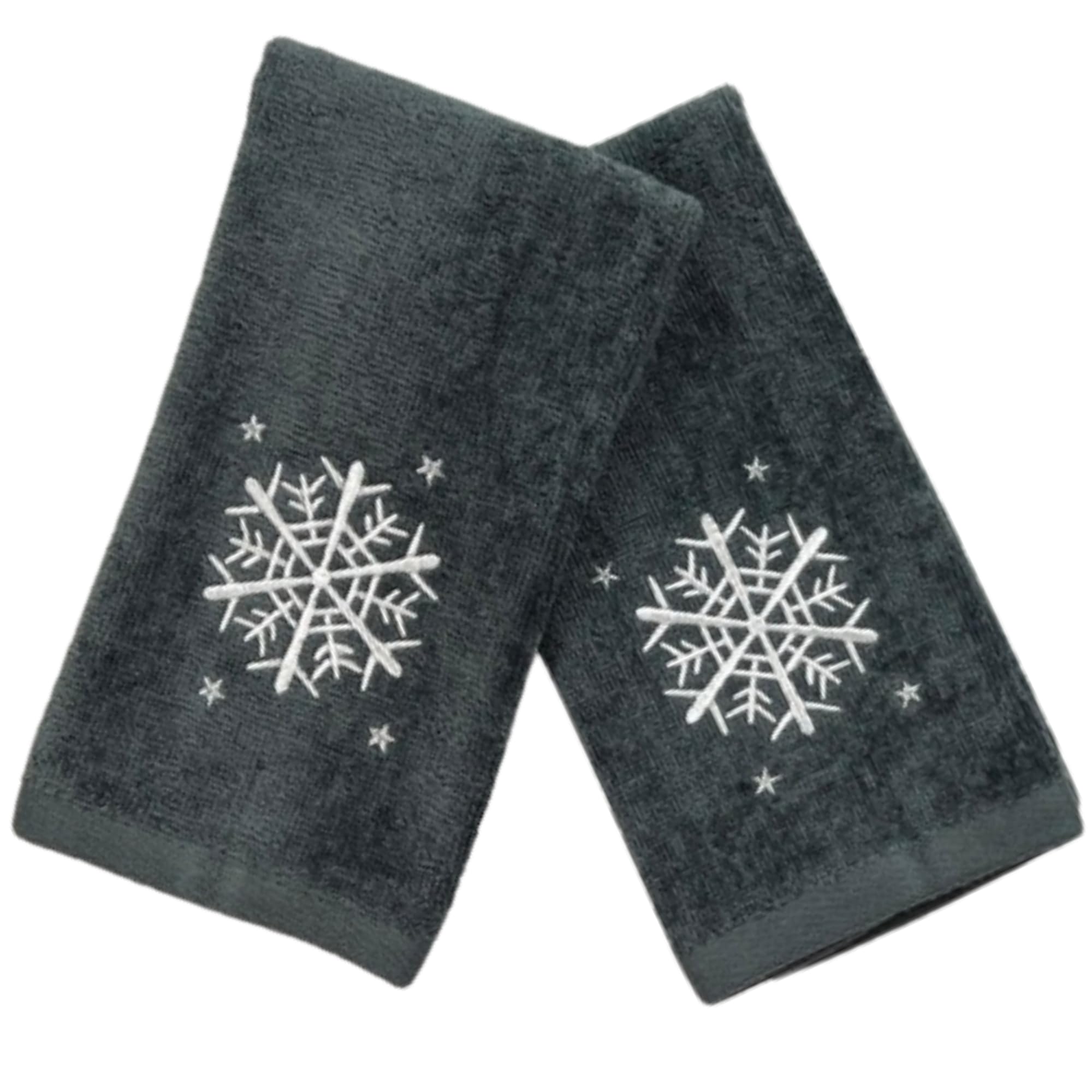Snowflake Design Grey Holiday Fingertip Bathroom Guest Towels - Set of 2, 12x18 Inches, 100% Cotton - Perfect for Christmas Decor, Guest Bathrooms & Winter Home Accents