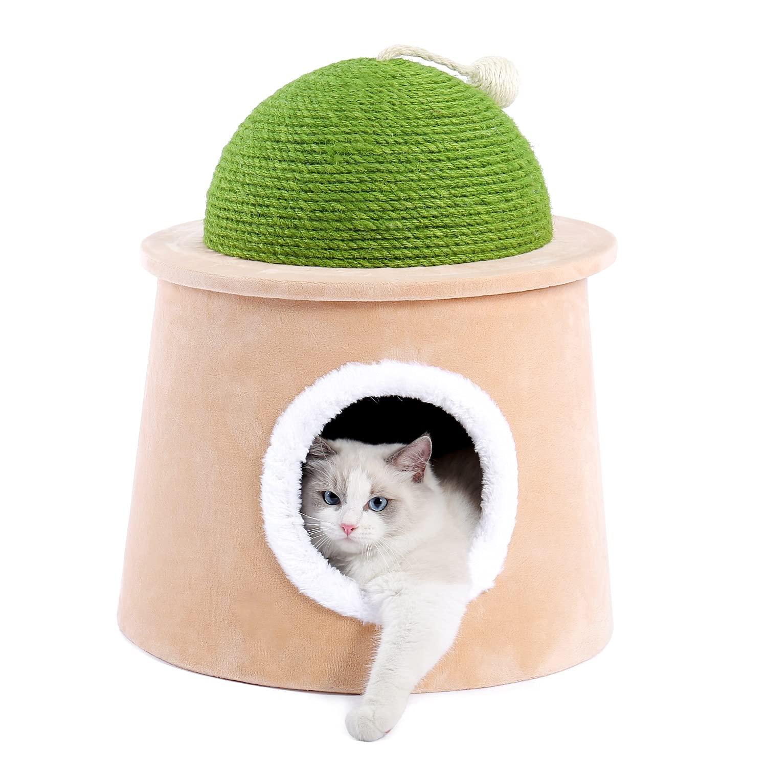 Premium Cat Cave House with Sisal Scratching Post & Toy Ball - Large Green Cactus Design for Kittens & Adult Cats | Cozy Bed, Play & Scratch Activity Center for Indoor Cats