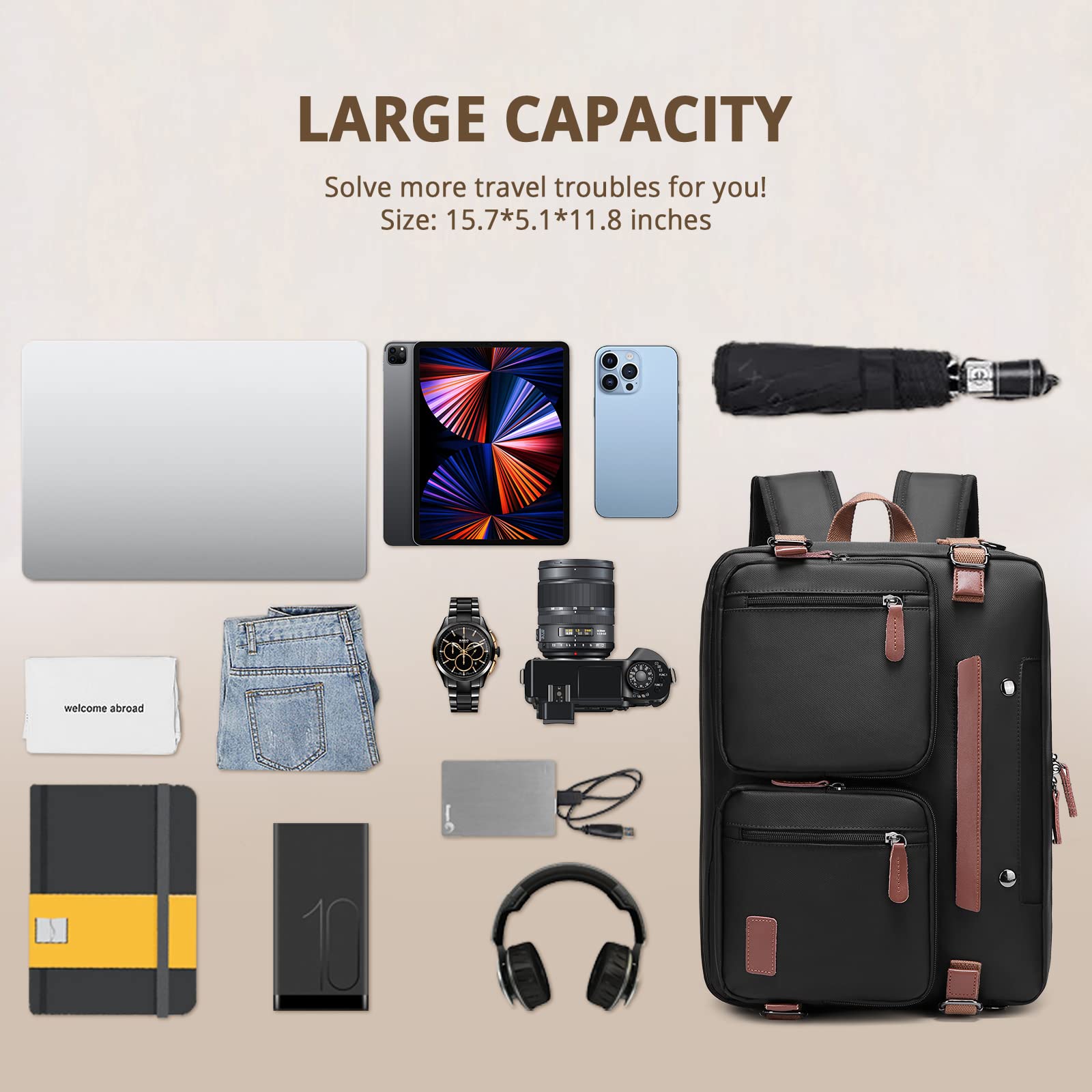 MOLNIA 15.6 Inch Laptop Backpack for Men & Women - 3-in-1 Business Briefcase, Messenger Bag & Computer Bag for Work, College & Travel | Durable & Stylish Black Backpack for Professionals & Students | Perfect for Office, Commuting & Business Trips
