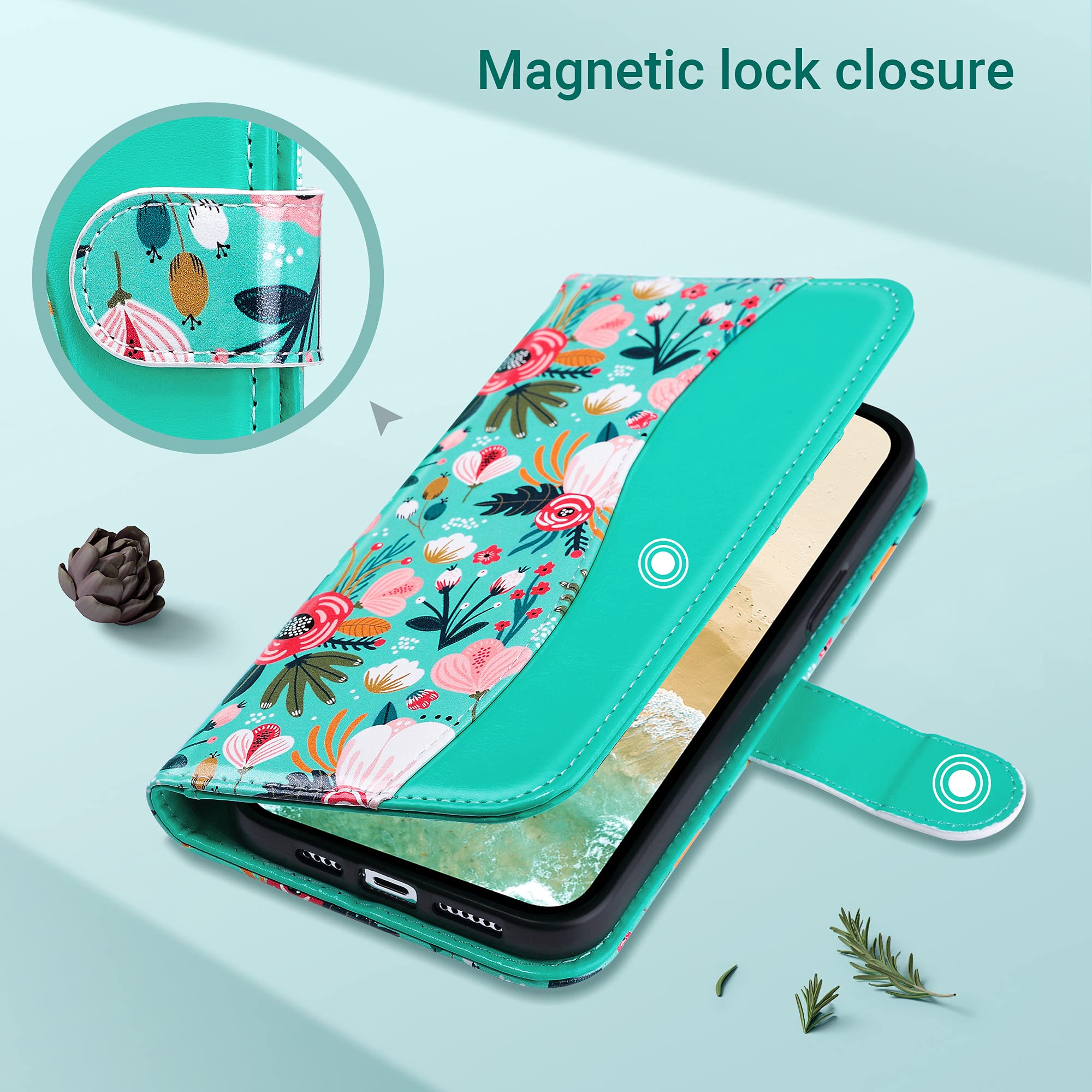 ULAK iPhone 13 Pro Max Wallet Case with Credit Card Holders - Flip PU Leather Kickstand Shockproof Protective Phone Cover for Women (6.7 inch, Mint Floral) - Perfect for Daily Use, Travel & Business Meetings