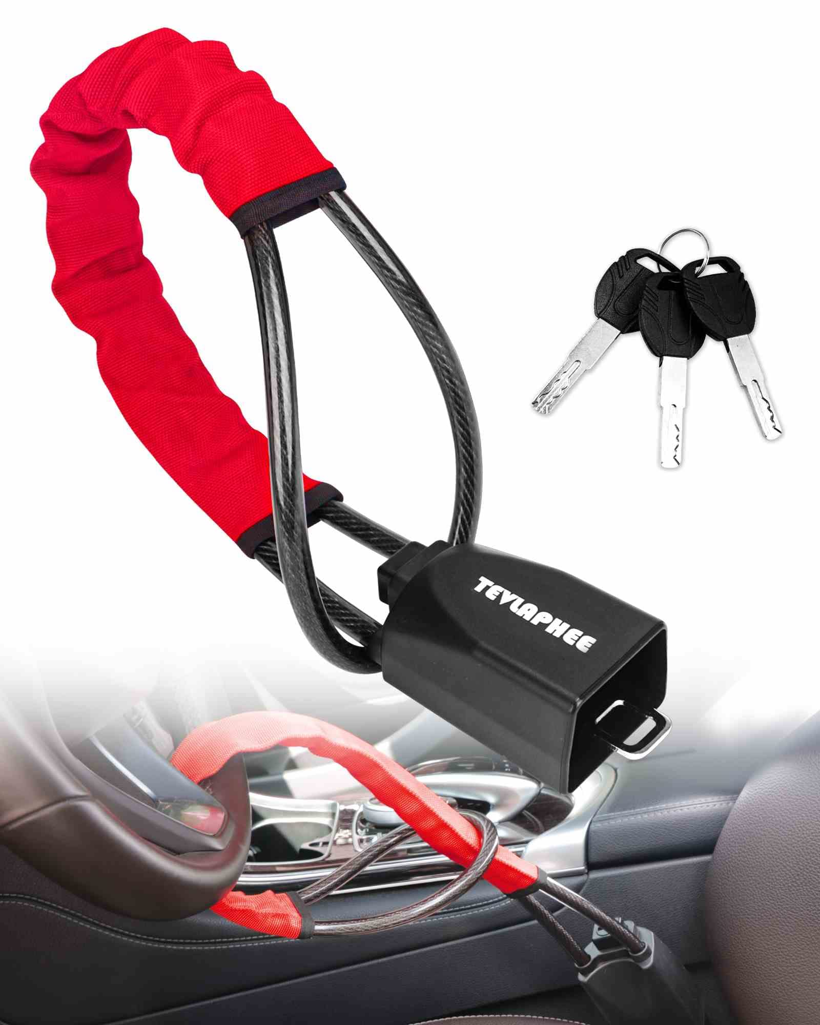 Universal Anti-Theft Steering Wheel Lock & Seat Belt Lock with 3 Keys - Car Security Device Fits Most Vehicles, Trucks, SUVs & Vans (Red) | Prevent Auto Theft & Protect Your Vehicle in Parking Lots & High-Crime Areas