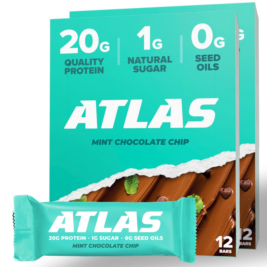 Atlas Protein Bar - 20g Protein, 1g Sugar, Gluten Free, Clean Ingredients - Mint Chocolate Chip Flavor (12 Bars, Pack of 2) - Perfect for Post-Workout Recovery, Healthy Snacking & On-the-Go Nutrition