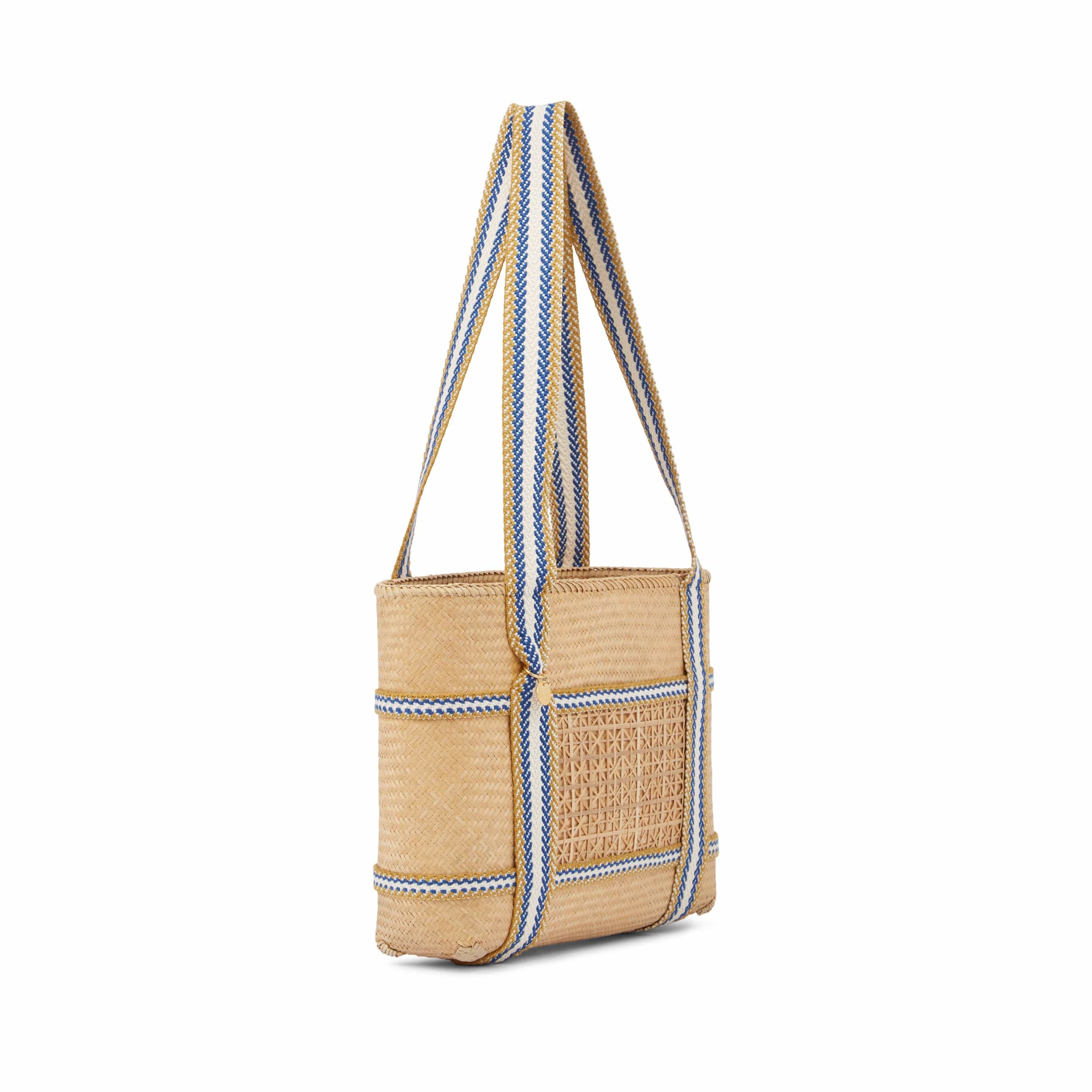 Malaka Handwoven Bamboo Vegan Small Tote Bag - Eco-Friendly Natural & Blue Stripe Beach Bag for Women | Perfect for Shopping, Picnics & Summer Outings