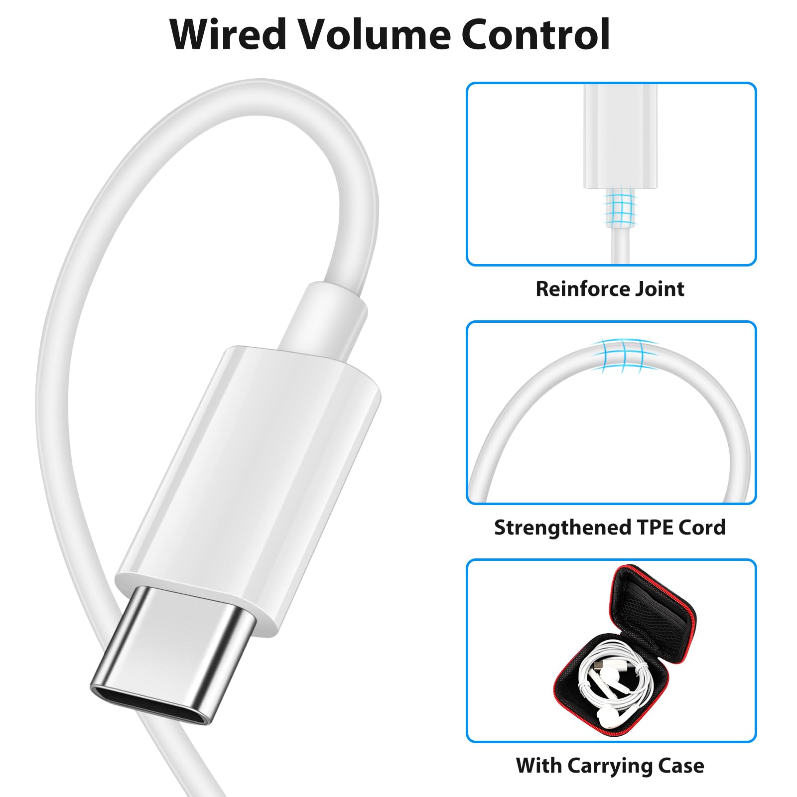 COOYA USB C Wired Earbuds with Microphone & Volume Control - HiFi Stereo In-Ear Headphones for iPhone 16 Pro Max/15, iPad 10/Air, Samsung S25 Ultra/S24/A16, Pixel 9 (White) - Perfect for Gaming, Music & Calls