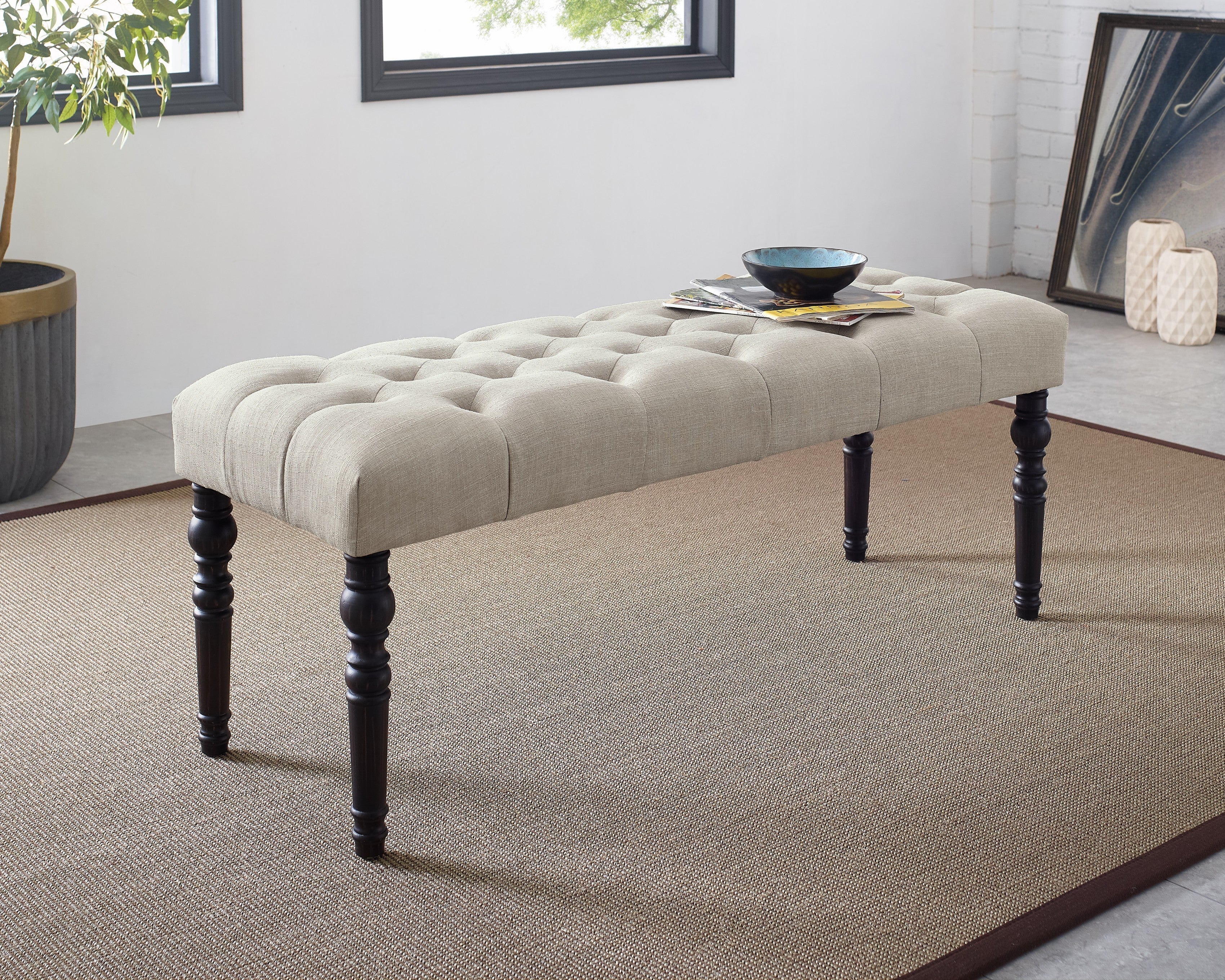 Roundhill Furniture Leviton Fabric Tufted Turned Leg Dining Bench in Tan - Upholstered Seat for Kitchen, Dining Room, and Entryway Comfort