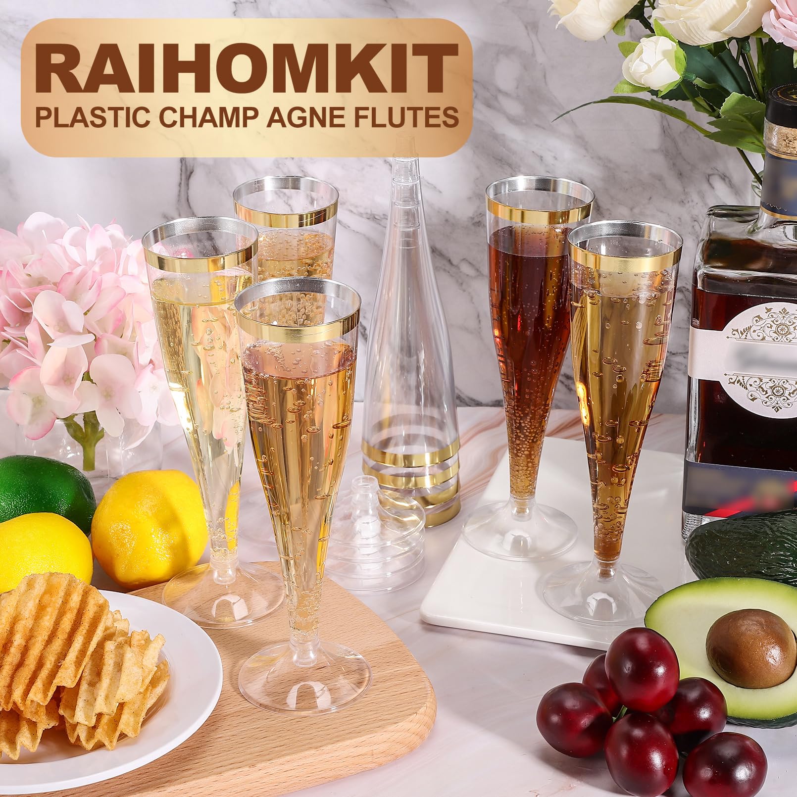 50 Pack Gold Rim Disposable Plastic Champagne Flutes - 4.5 Oz Clear Mimosa Glasses for Wedding, Party & Special Events - Elegant Toasting Cups for Celebrations, Bridal Showers & New Year's Eve