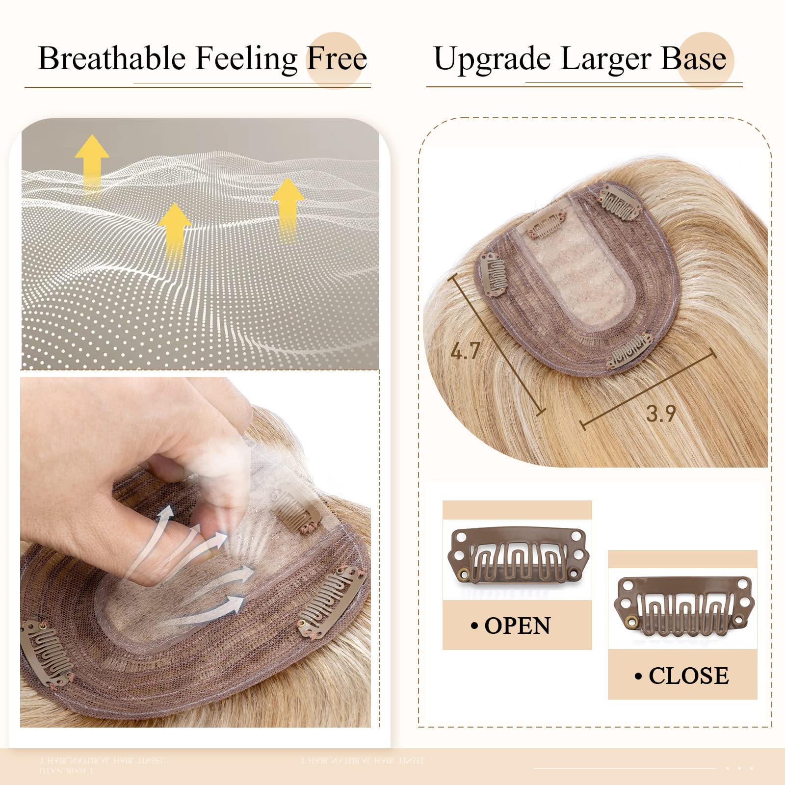 MY-LADY Clip-in Human Hair Topper for Women - 130% Density, 10x12cm Silk Base, 50g, 16 Inch, #12P613 Light Brown with Bleach Blonde Highlights - Remy Hair Top Hairpiece No Bangs - Perfect for Thinning Hair, Hair Loss, and Daily Styling