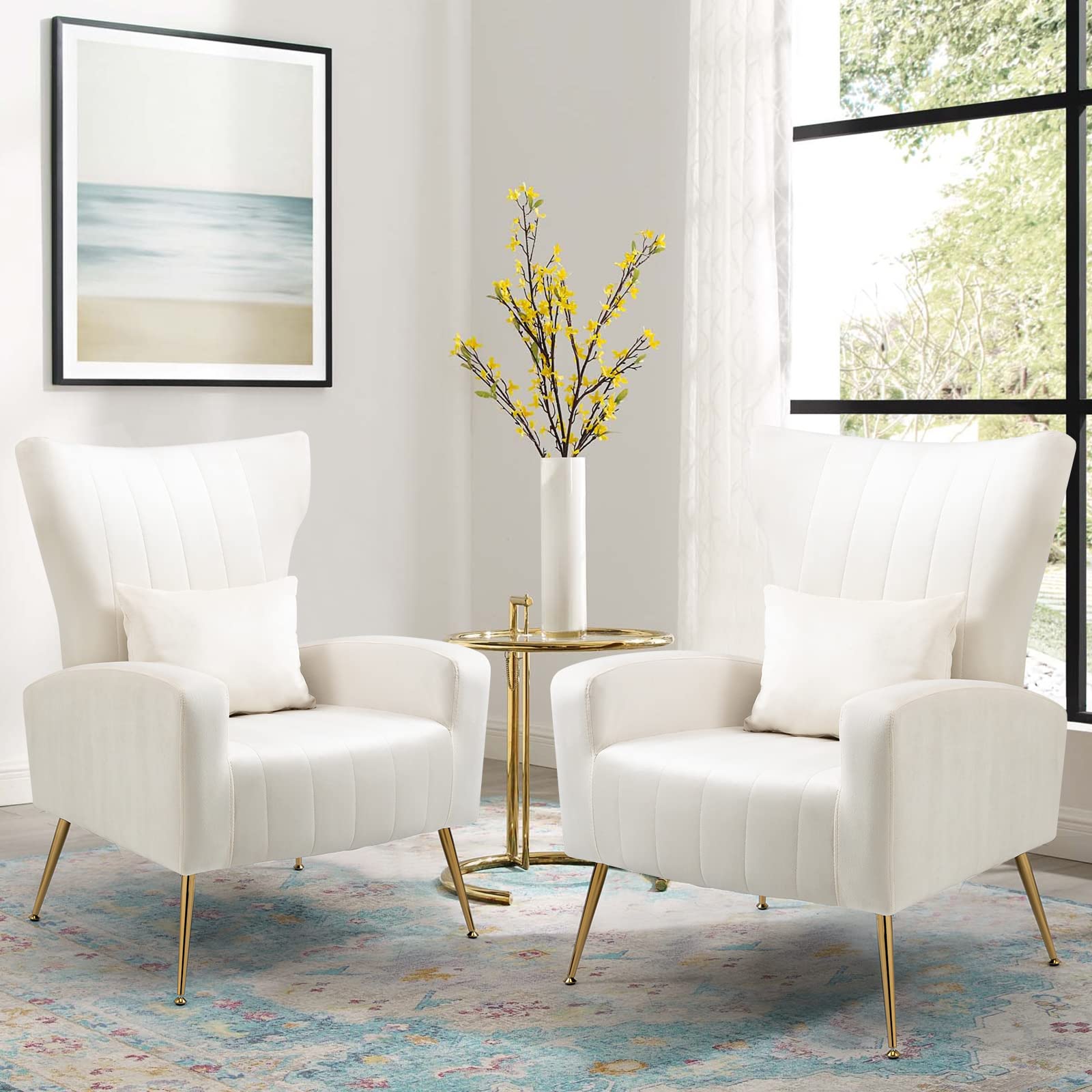 Modern Velvet Accent Chairs Set of 2 - High Back Armchairs with Lumbar Pillow & Gold Metal Legs - Living Room, Bedroom, Office Lounge Seating - White Luxury Upholstered Chairs for Home Decor