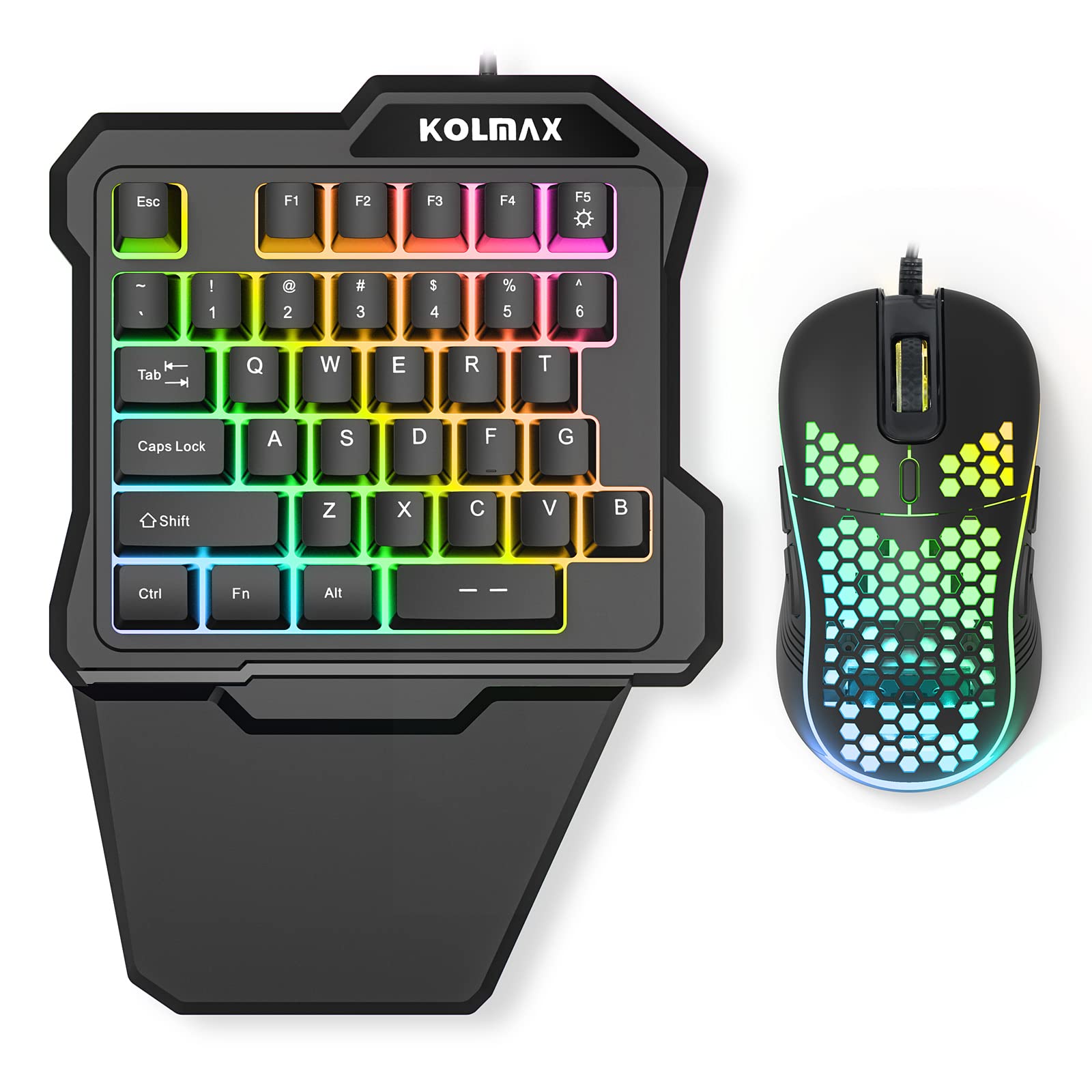 RGB One-Handed Gaming Keyboard and Mouse Combo - USB Wired Mechanical Feel Keypad with Wrist Rest & Ergonomic Gaming Mouse for PC, Laptop, Xbox, PS4 - Perfect for FPS, MMO Gaming and Office Work