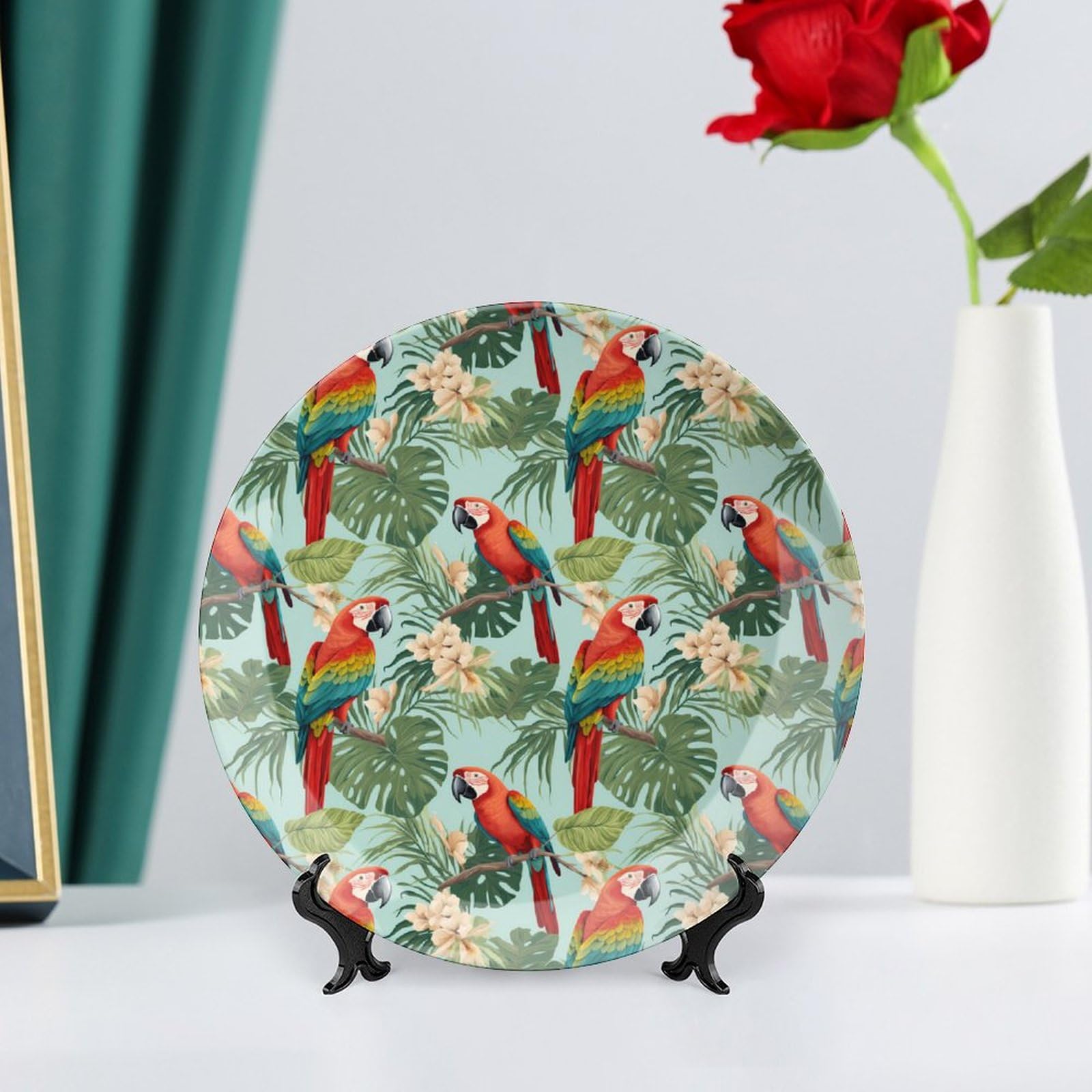 Vibrant Tropical Leaves & Parrot Ceramic Decorative Plates - Elegant Display & Dinner Plates with Stand for Kitchen, Dining Room & Home Decor | Perfect for Wall Art, Table Centerpieces & Gift Giving