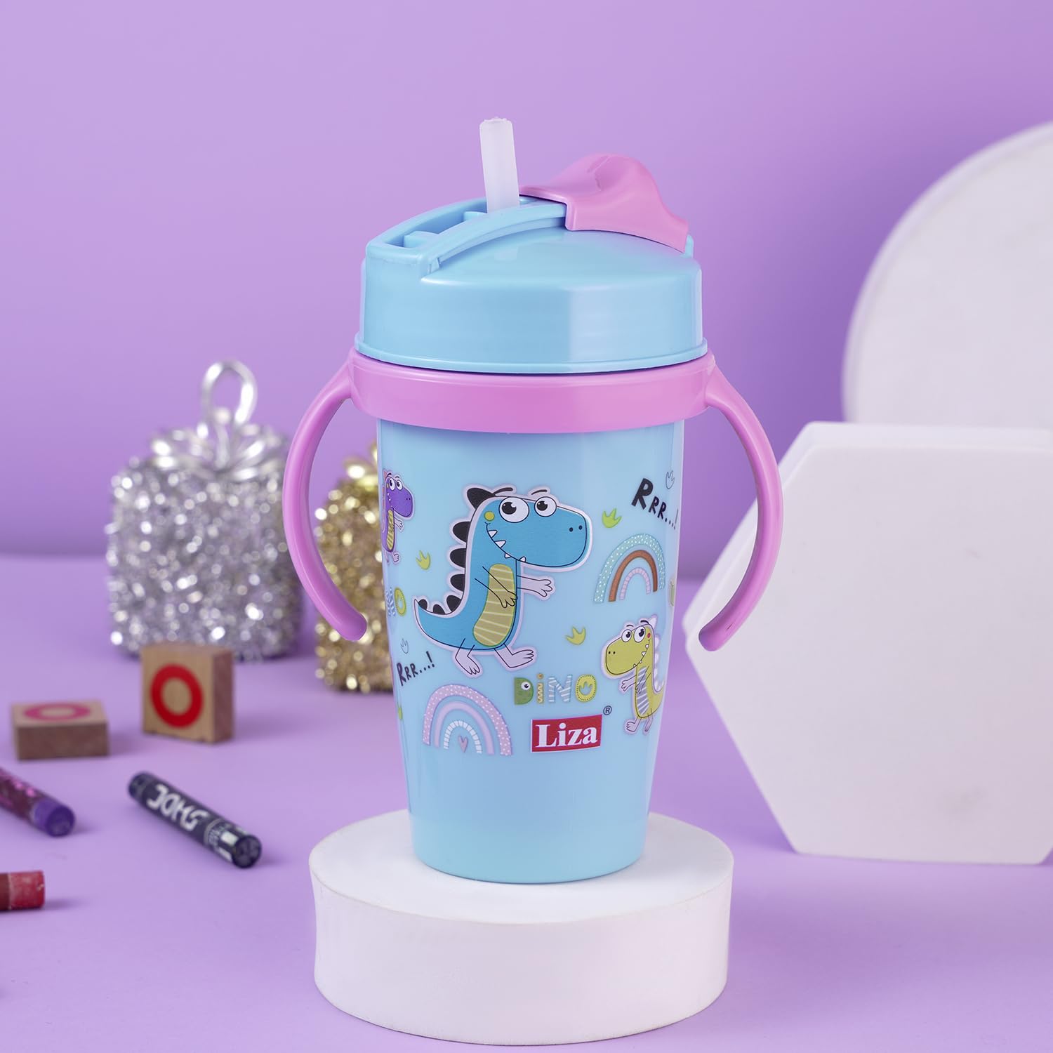 NABHYA Snoozy Stainless Steel Kids Water Bottle with Straw - BPA-Free, Leak-Proof, Cartoon Design Baby Sipper Cup with Dual Handles for School, Travel & Outdoor Activities (Blue)