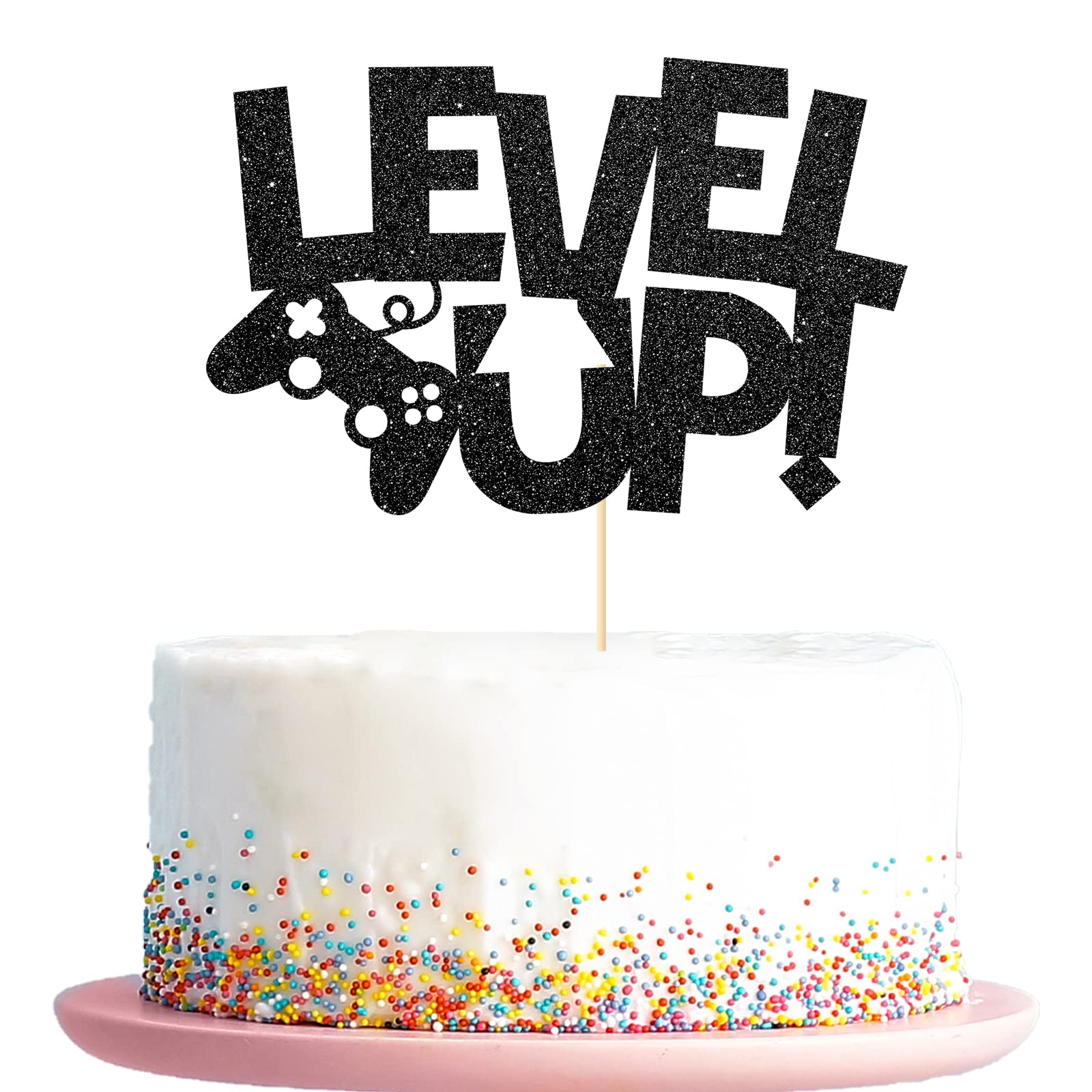 Level Up Video Game Cake Topper - Black Glitter Birthday Party Decorations for Kids | Perfect for Gaming Theme Birthday Parties, Cake Decorations & Party Favors