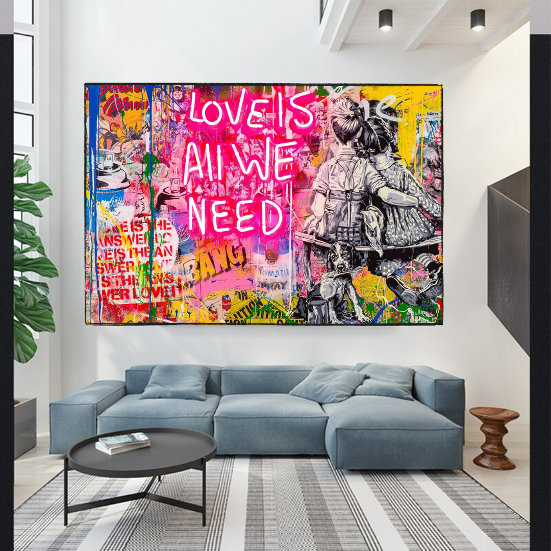 Banksy Love is All We Need Canvas Wall Art Print - Street Art Home Decor for Living Room, Bedroom & Office