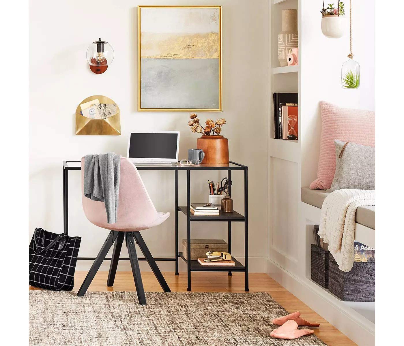 Fulham Modern Glass Top Desk with Wood Shelves - Black Home Office Desk for Small Spaces, Perfect for Study, Work, and Home Office Setup