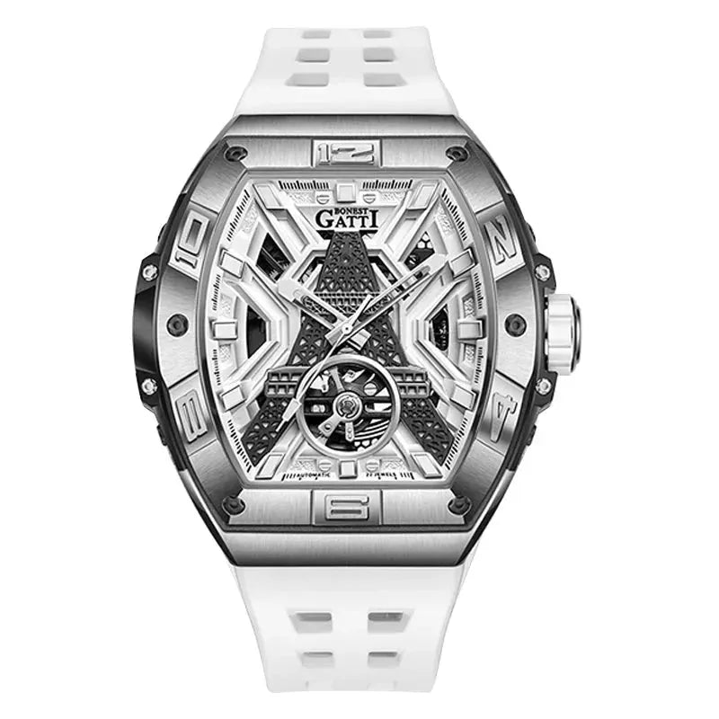 BONEST GATTI Men's Automatic Mechanical Watch - 5ATM Waterproof Sapphire Crystal Tonneau Case with Luminous Eiffel Tower Dial & Fluororubber Strap | Dress Watch for Business, Formal Occasions & Everyday Wear