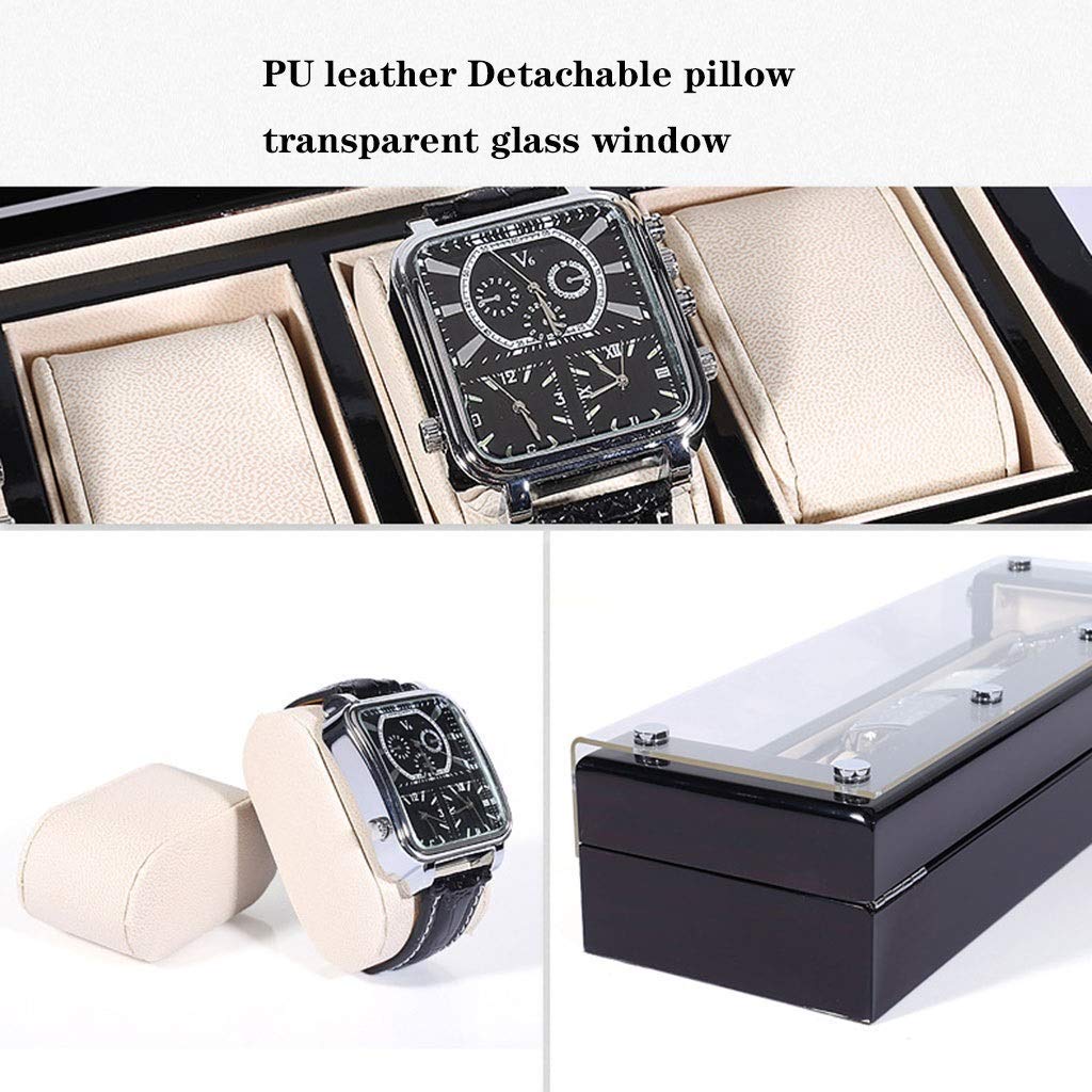 Premium 6-Slot Solid Wood Watch Box with Glass Display Top - PU Leather Detachable Pillow Organizer for Men & Women | Luxury Watch Storage Case for Dress Watches, Rolex, Omega Collection Display & Protection