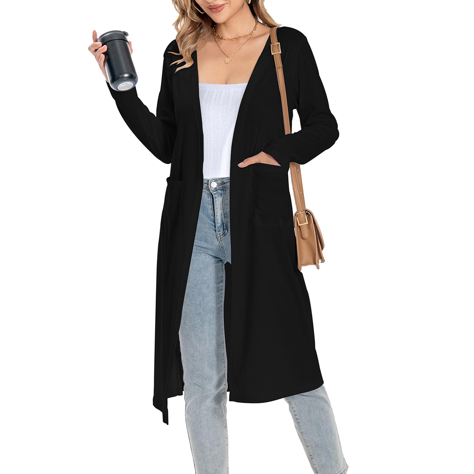 Trendy Long Cardigan for Women - Lightweight Fall Cardigan with 2 Pockets | Soft Solid Open Front Sweater | Perfect for Office, Casual Outfits & Layering in Cool Weather