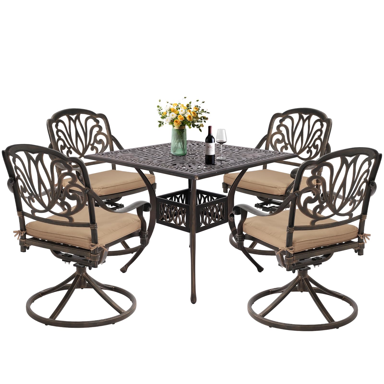 Grepatio 5-Piece Cast Aluminum Outdoor Dining Set with 4 Swivel Rocker Chairs & 35.4