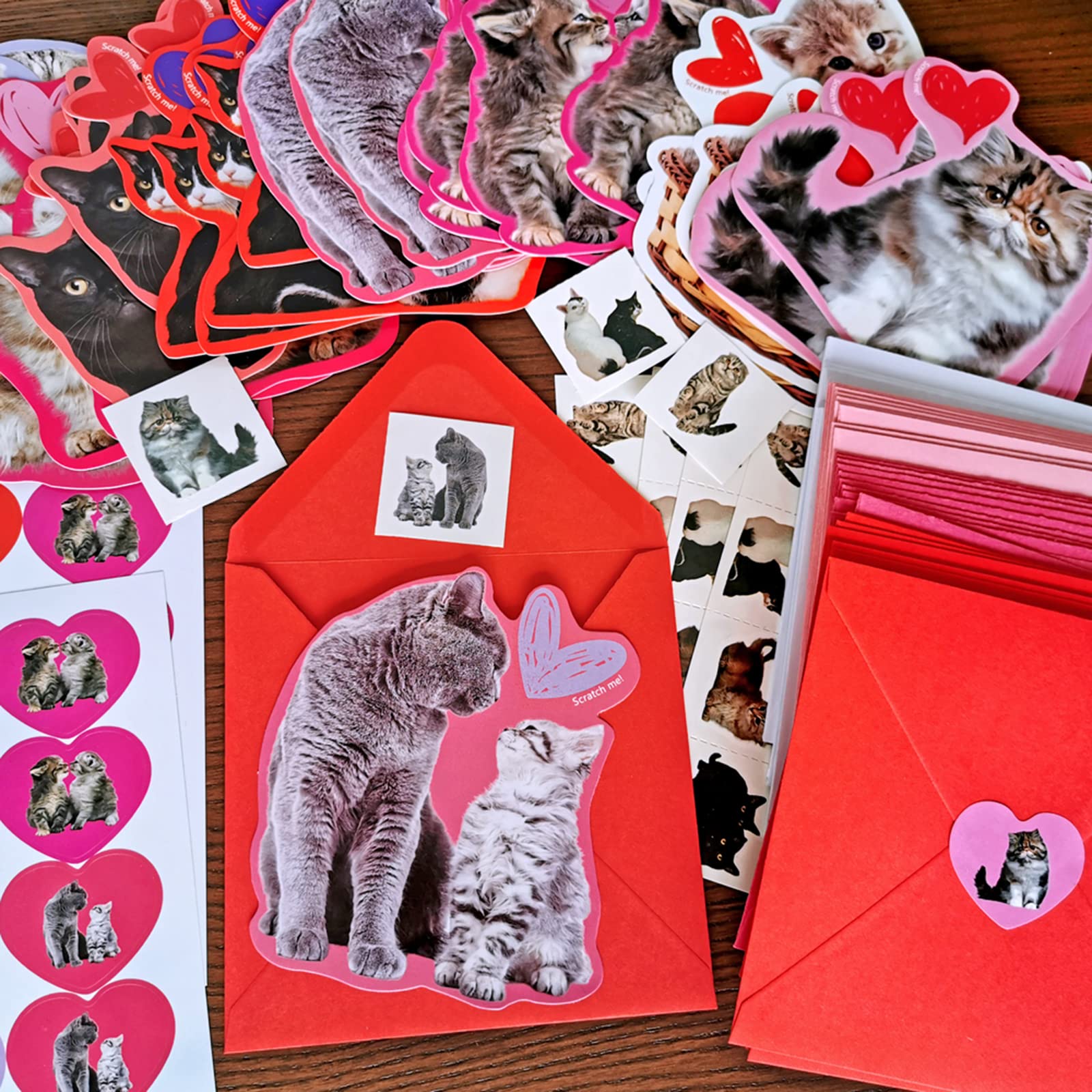 48 Sets Valentine's Day Scratch & Sniff Strawberry Scented Greeting Cards with Envelopes - Cute Cat Kitten Pet Love Cards with Heart Stickers for Kids Classroom Exchange, Party Favors & School Gift Giving - Perfect for Valentine's Day Celebrations, Classroom Activities and Friendship Gifts