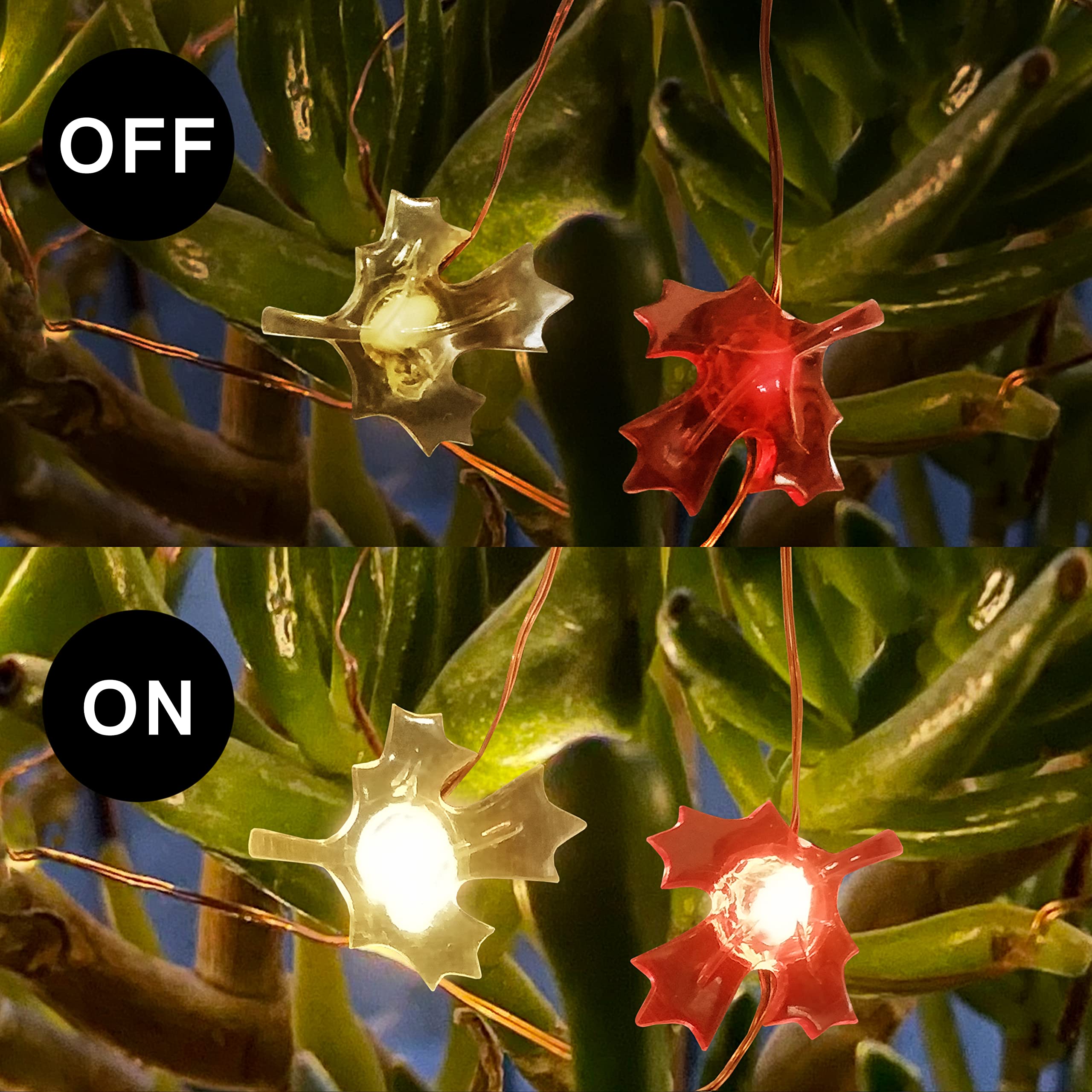 FURORA LIGHTING 20 LED Warm White Maple Leaf Fairy Lights - 90 Inch Battery Operated String Lights with 6/18 Hour Timer (Red & Green) for Bedroom, Christmas Tree, Wedding & Party Decorations