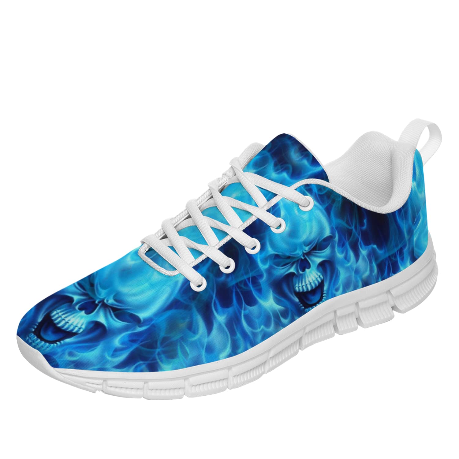 **Blue Skull Sneakers for Men & Women - Running, Tennis, Walking Shoes with Flaming Design - Perfect for Parties & Gifts - Size 10 Women/8.5 Men - Ideal for Casual Wear, Gym & Outdoor Activities**