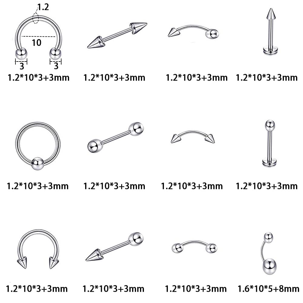Professional Stainless Steel Body Piercing Kit - 16G Needles & Jewelry for Tongue, Tragus, Cartilage, Eyebrow, Nose & Lip Piercing | Safe & Hygienic for Home or Studio Use