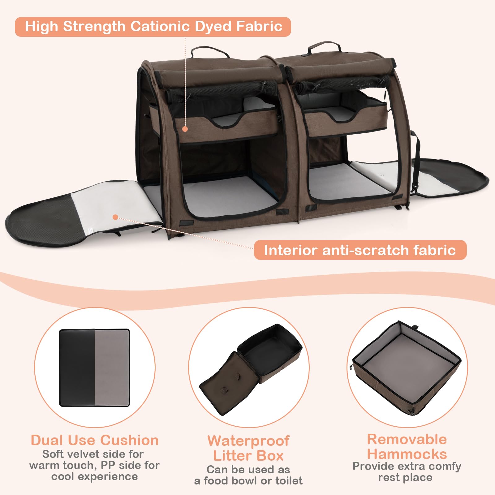 Giantex 40 Inch Large Cat Carrier with Double Compartments - Travel Litter Box Included, 2 Removable Hammocks & Mats - Portable Pet Kennel for Cats & Small Dogs - Comes with Carry Bag - Perfect for Car Trips, Camping & Vet Visits (Brown)
